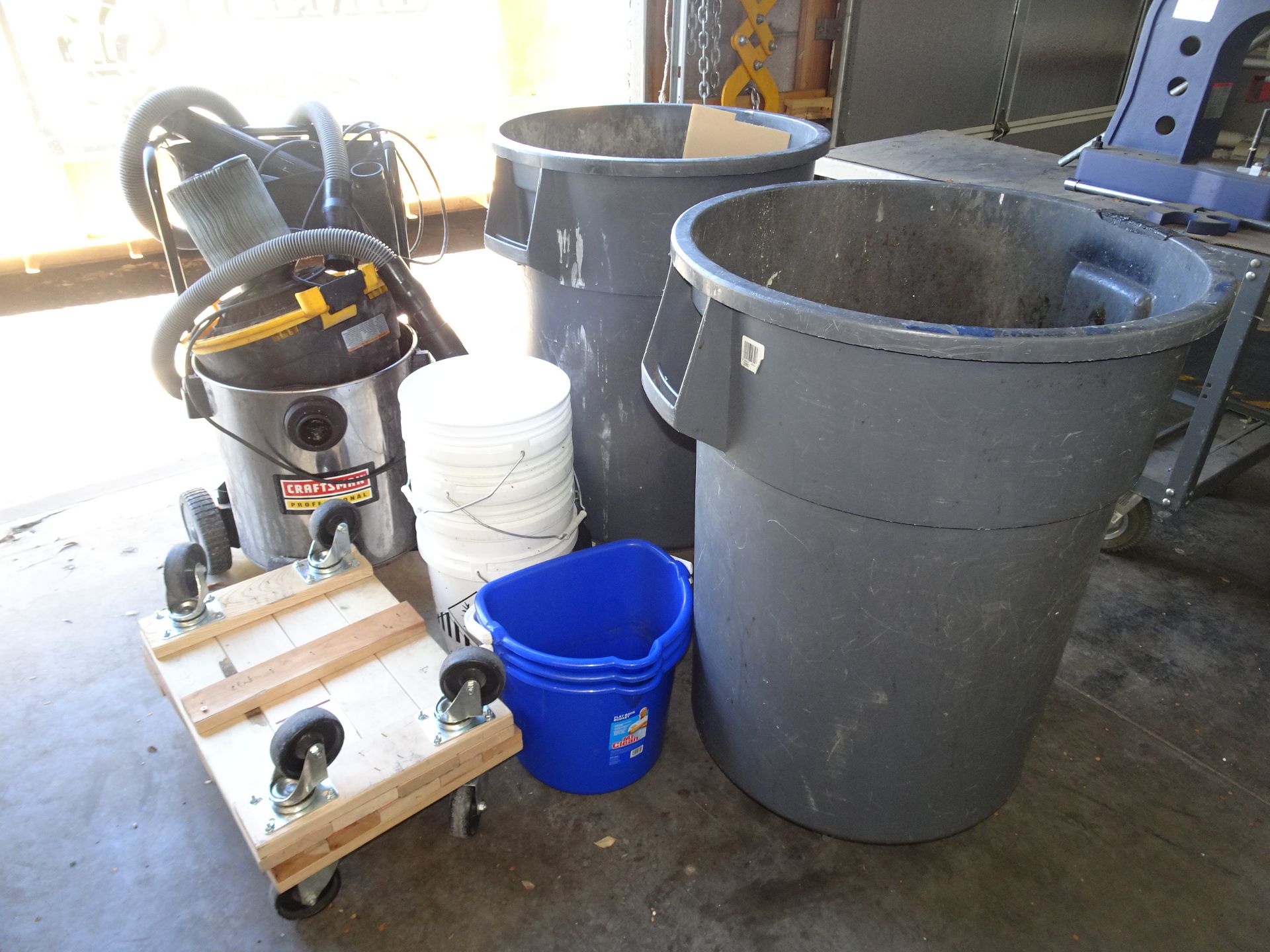 Lot of Cleaning Supplies: Craftsman Shop Vac; Trash Cans w/ Dollies; Buckets; Wood Dollies; Etc.