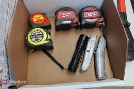 Box w/ Tape Measures, Utility Knives, Flashlight