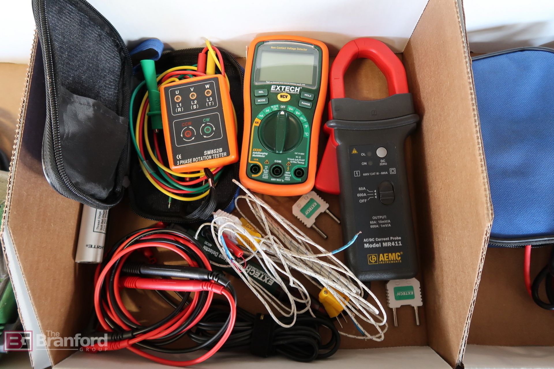 Box W/ Assorted Testers; AC/DC Current Probe, Voltage Detector, 3 Phase Rotation Tester