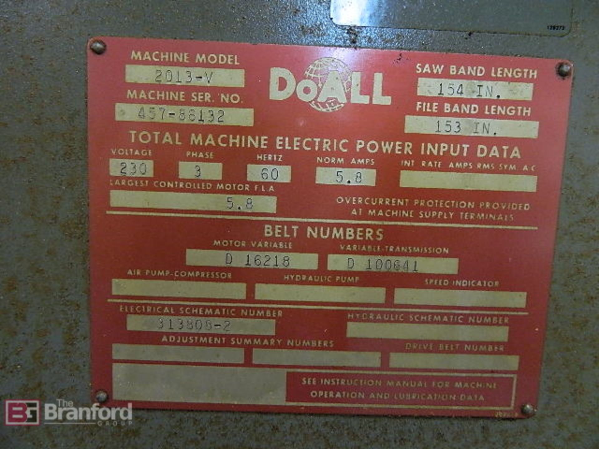 DoAll 2013-V Vertical Band Saw - Image 2 of 8