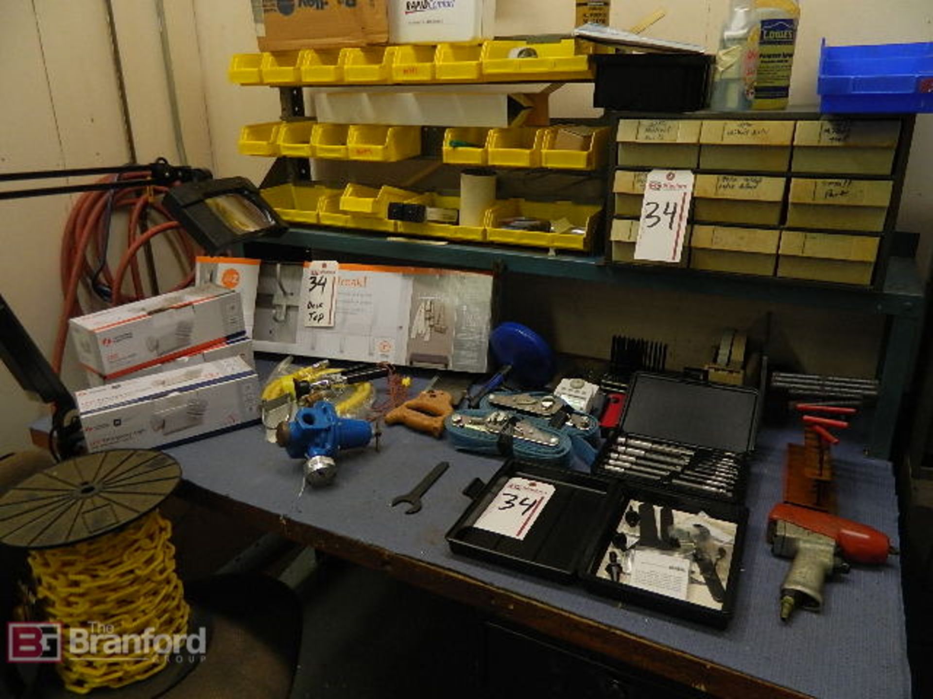 Lot. Assorted Tools, Parts, Emergency Lights on table top