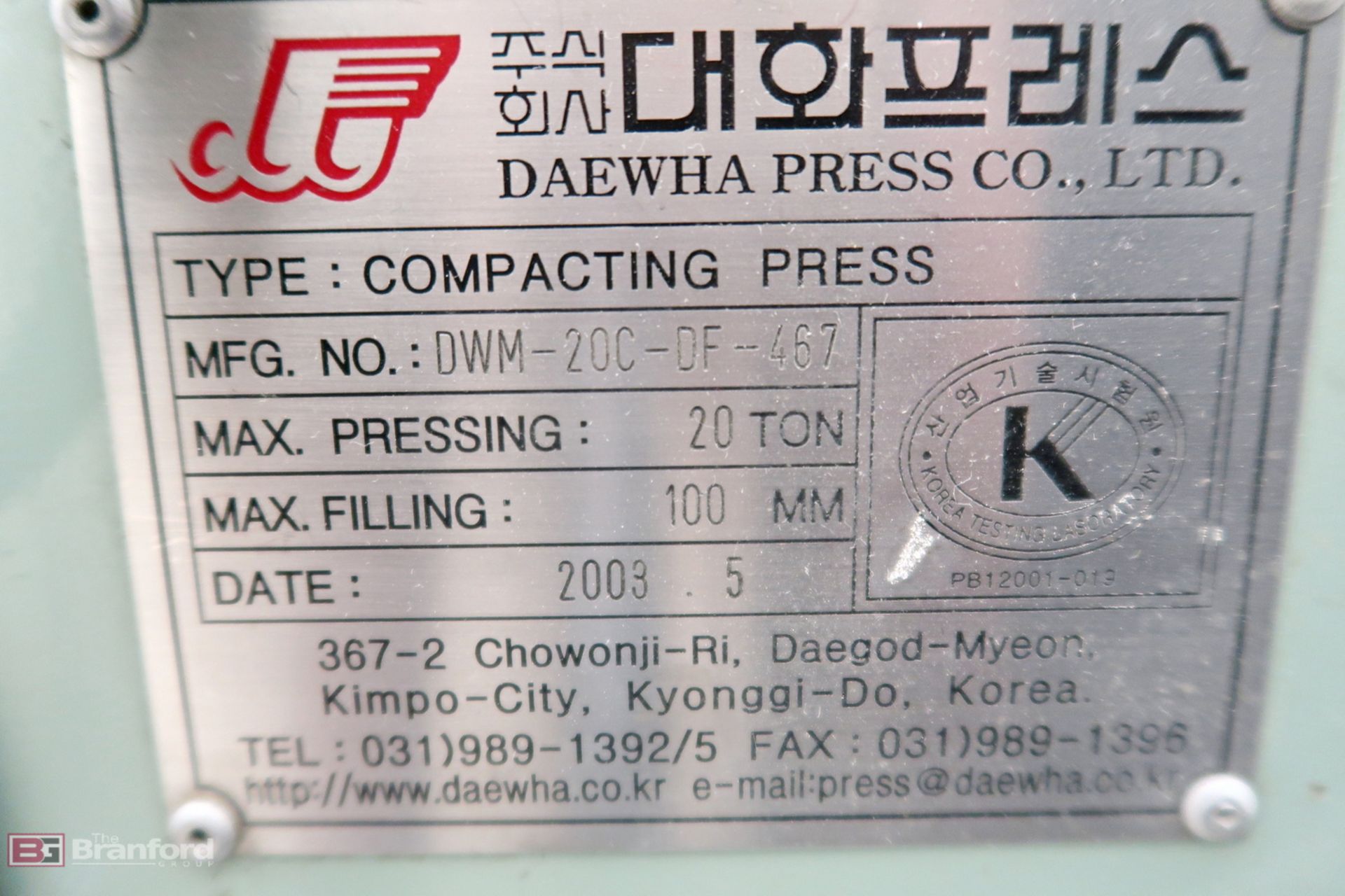 Daewha 20-Ton Compacting Press - Image 4 of 8