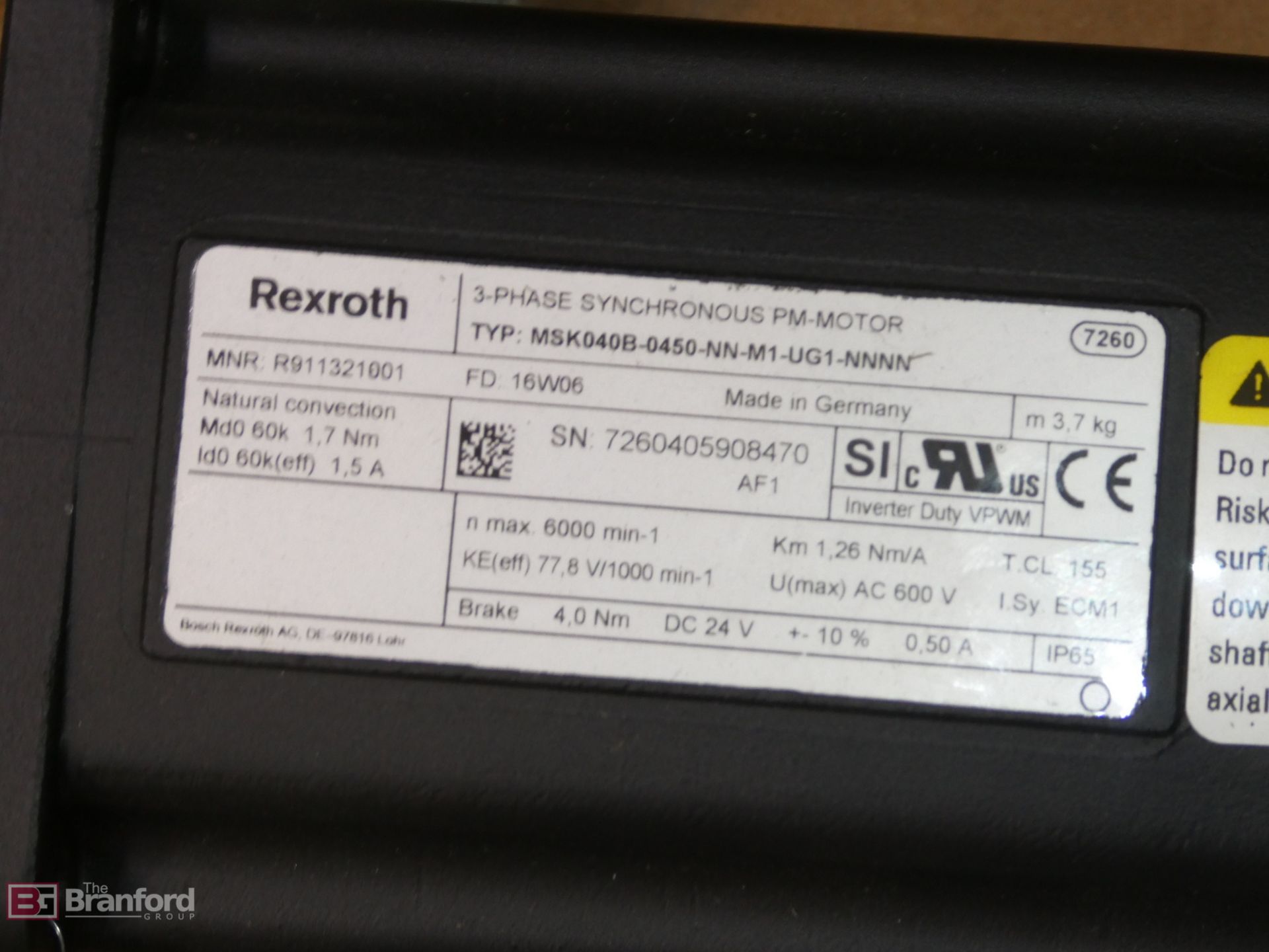 (3) Rexroth Type MSK040B0450NMM1UG1NNNN, Synchronous 3-Phase PM-Motor - Image 3 of 3