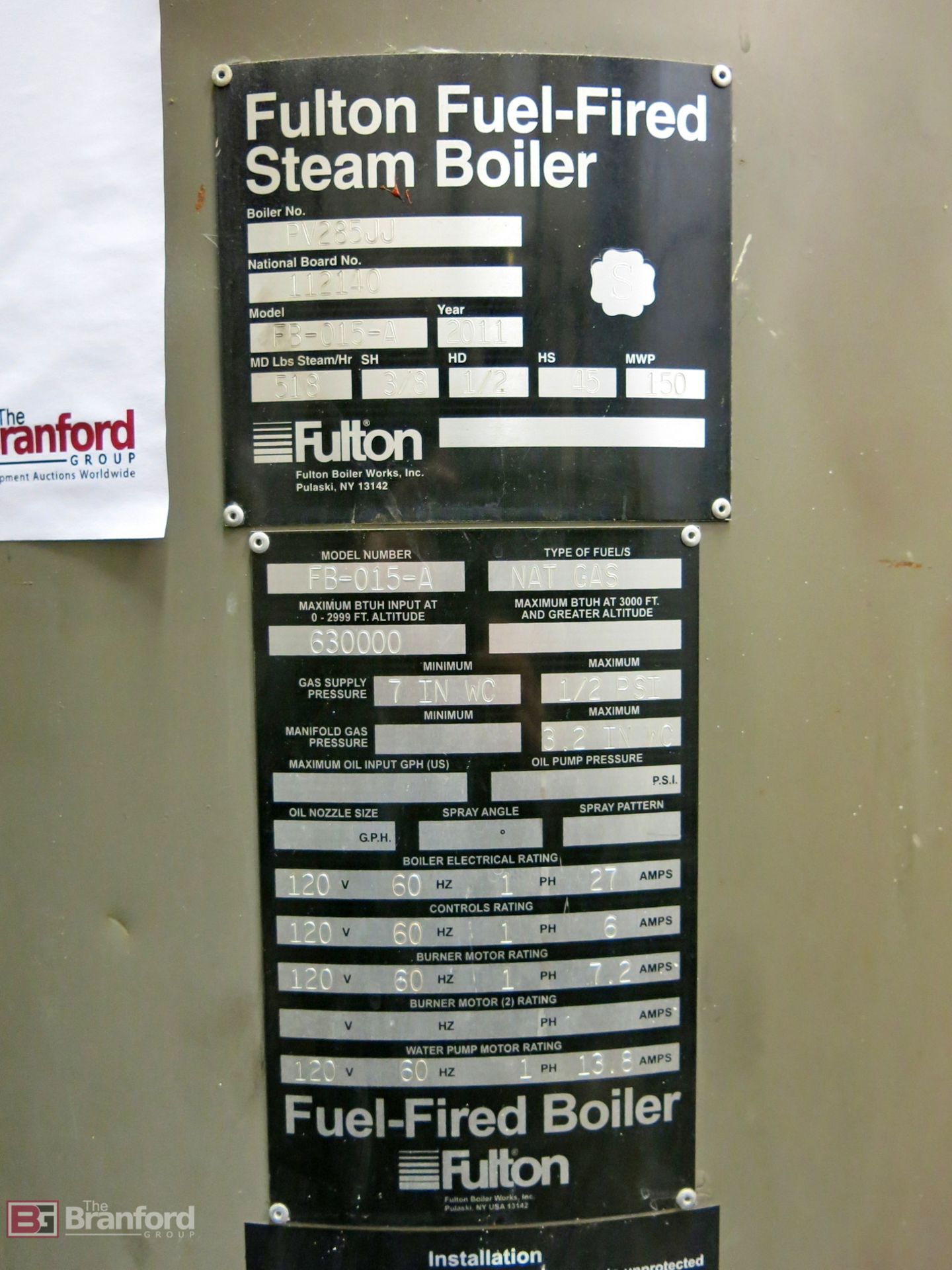 Fulton model FB-015-A natural gas steam boiler - Image 2 of 2