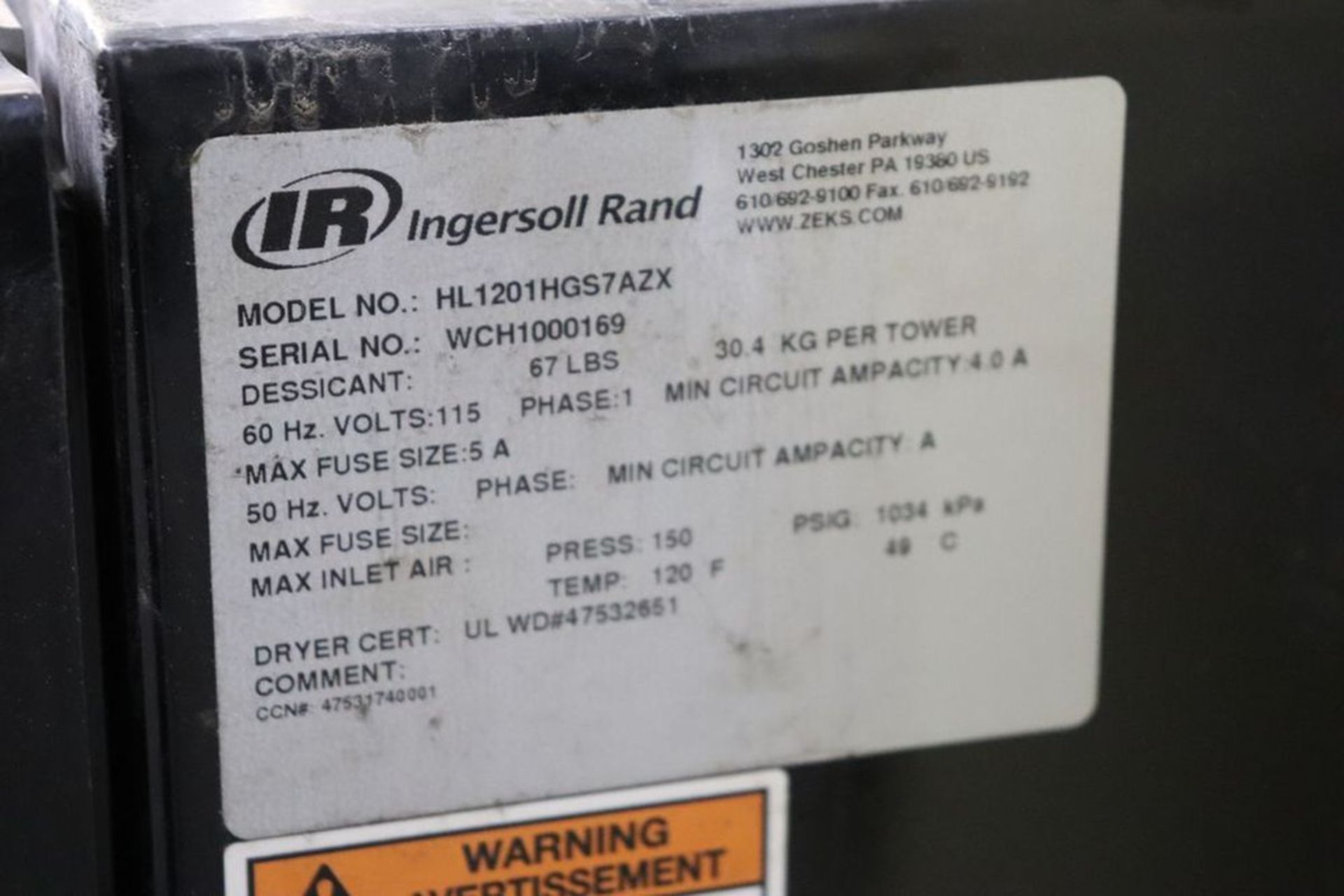 Ingersoll Rand HL1201HGS7AZX 120 CFM Desiccant Compressed Air Dryer - Image 9 of 9