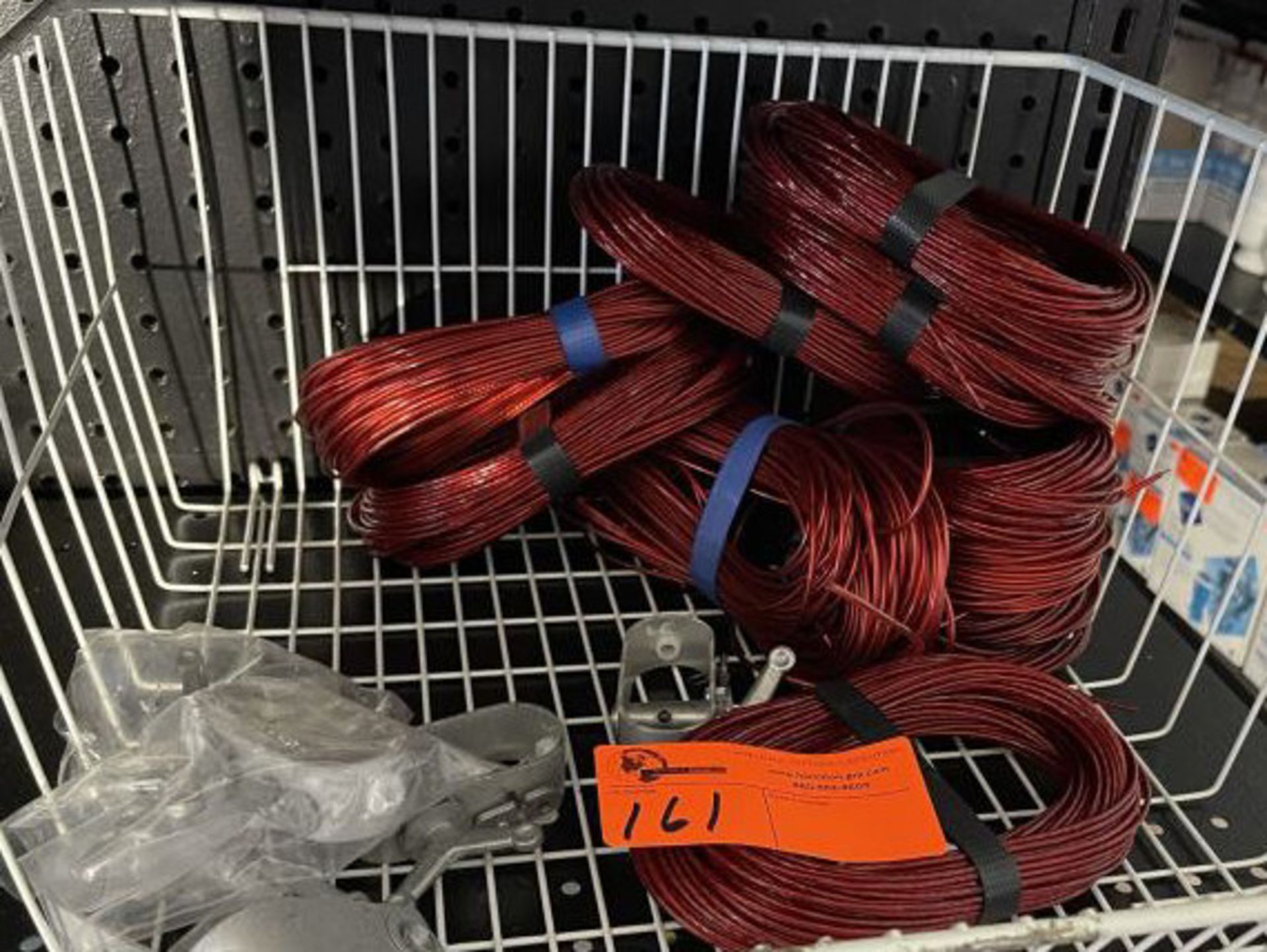 Metal wire basket with red plastic cord & clamps