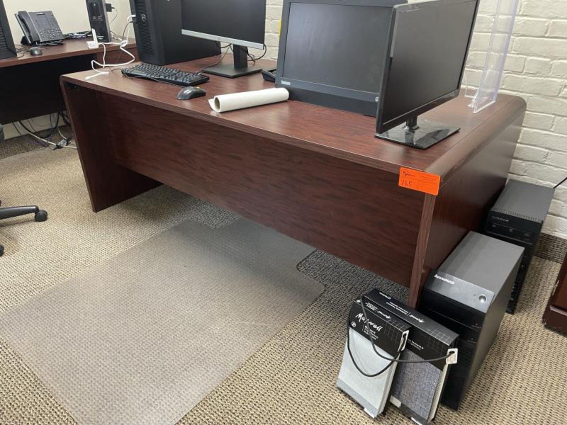 Lot of (2) Desks Wood Laminate, (1) Small Wood Cabinet, (1) Office Chair