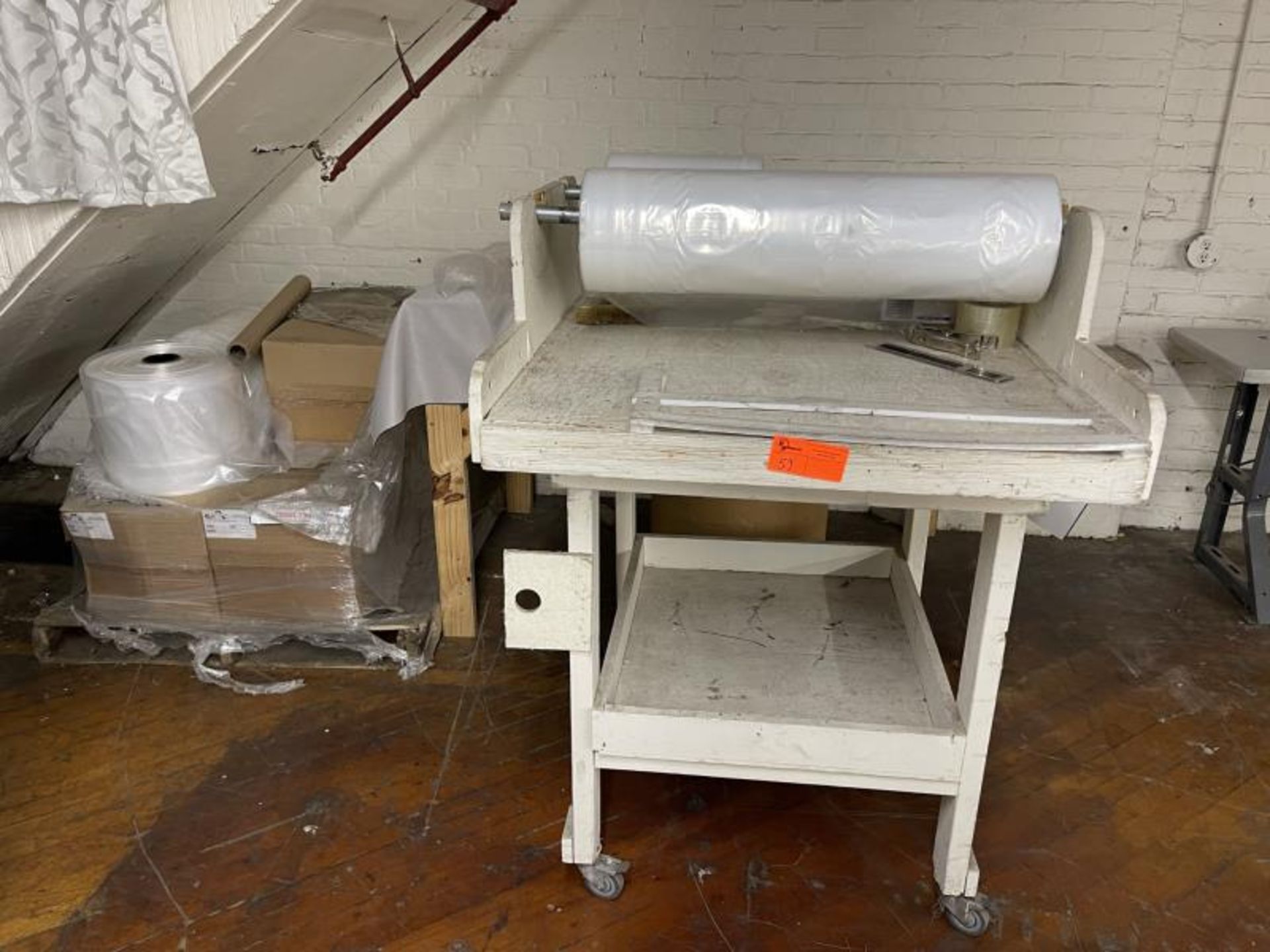 Bagging Station with Pallet of Clear Poly Tubing & (2) Rolls of Plastic - Image 5 of 5