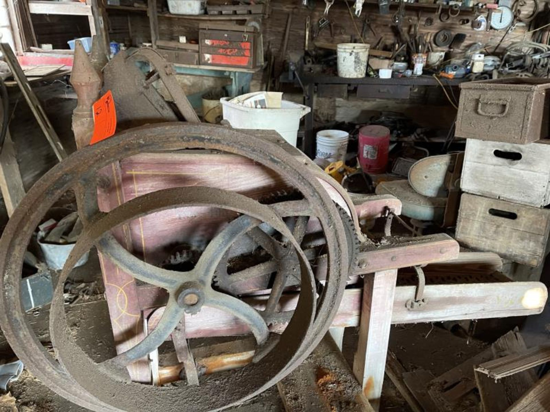 Corn Sheller Woodhouse No 9, 50"Tall x 5' Long with 28" Side Wheel, Same Old Red Paint - Image 2 of 7