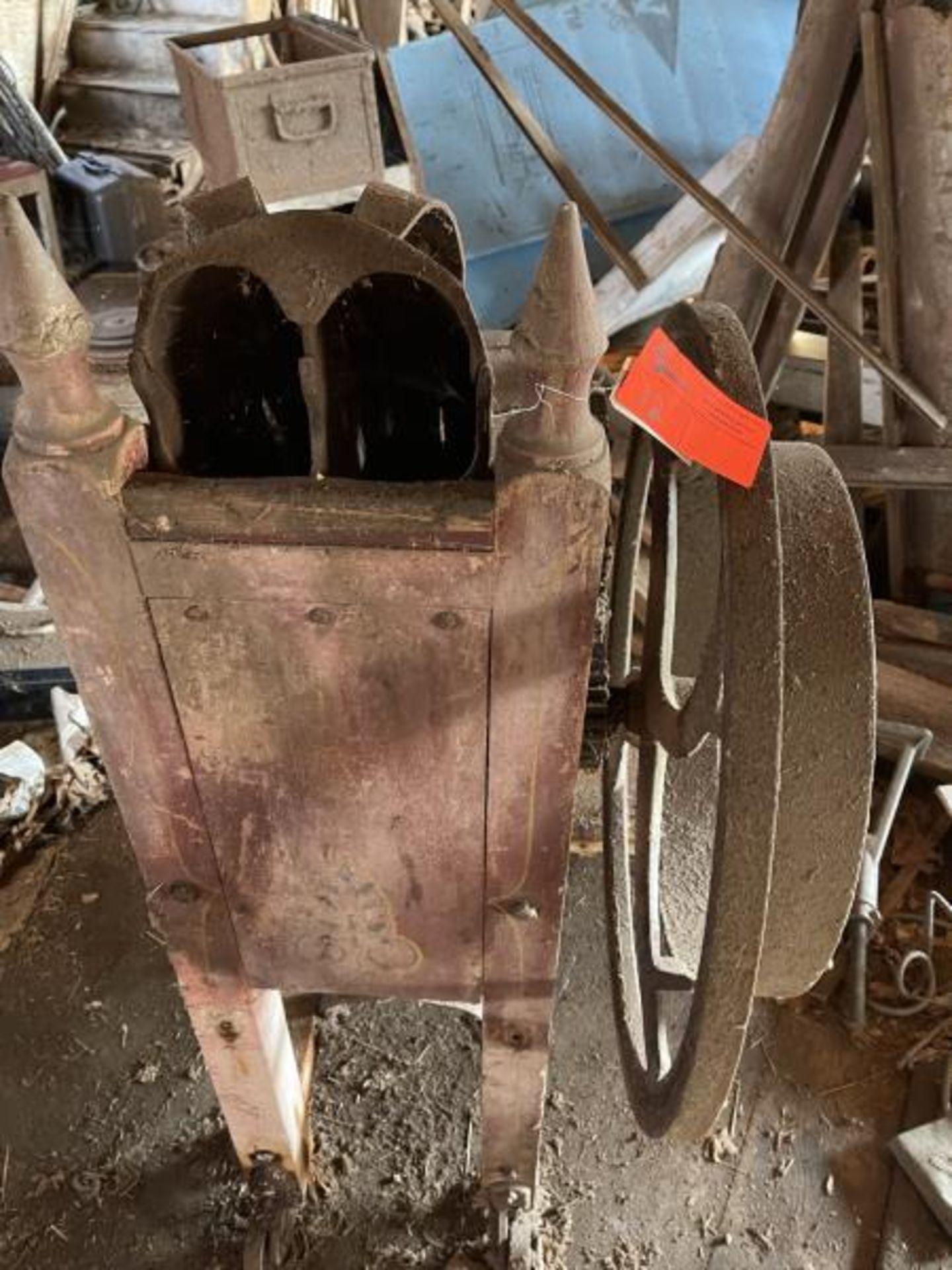 Corn Sheller Woodhouse No 9, 50"Tall x 5' Long with 28" Side Wheel, Same Old Red Paint - Image 3 of 7