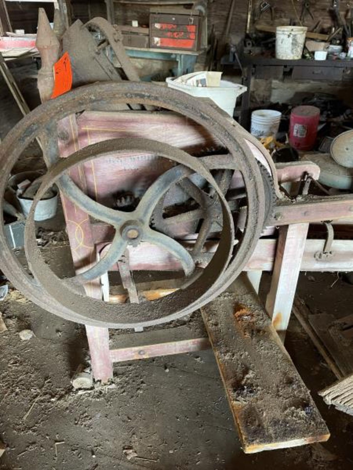 Corn Sheller Woodhouse No 9, 50"Tall x 5' Long with 28" Side Wheel, Same Old Red Paint