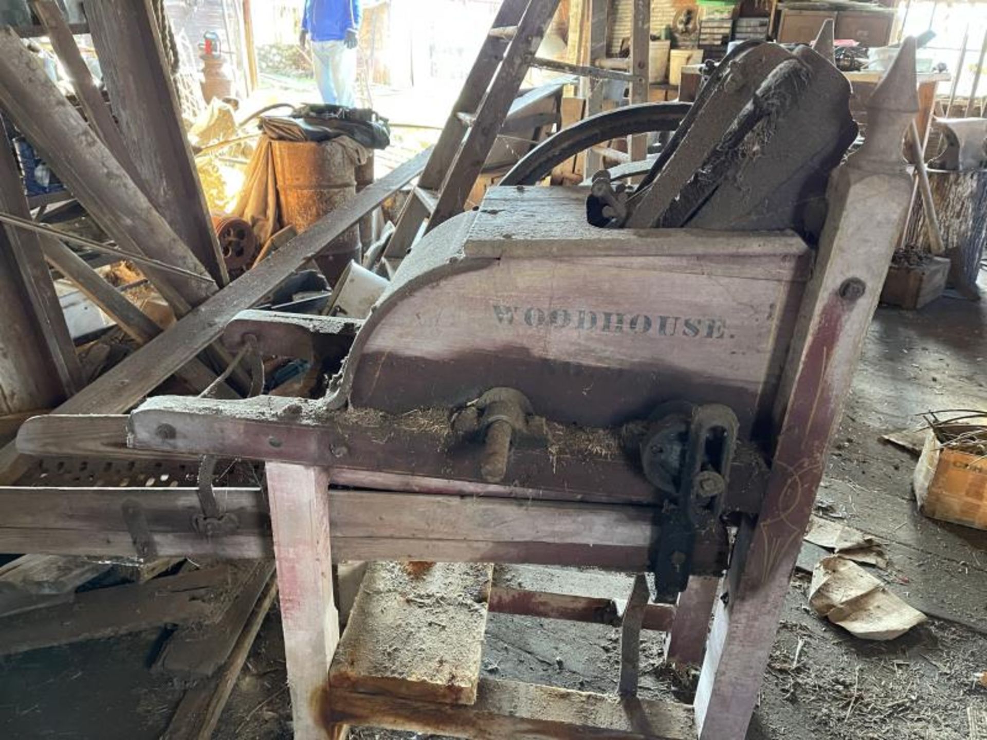 Corn Sheller Woodhouse No 9, 50"Tall x 5' Long with 28" Side Wheel, Same Old Red Paint - Image 4 of 7