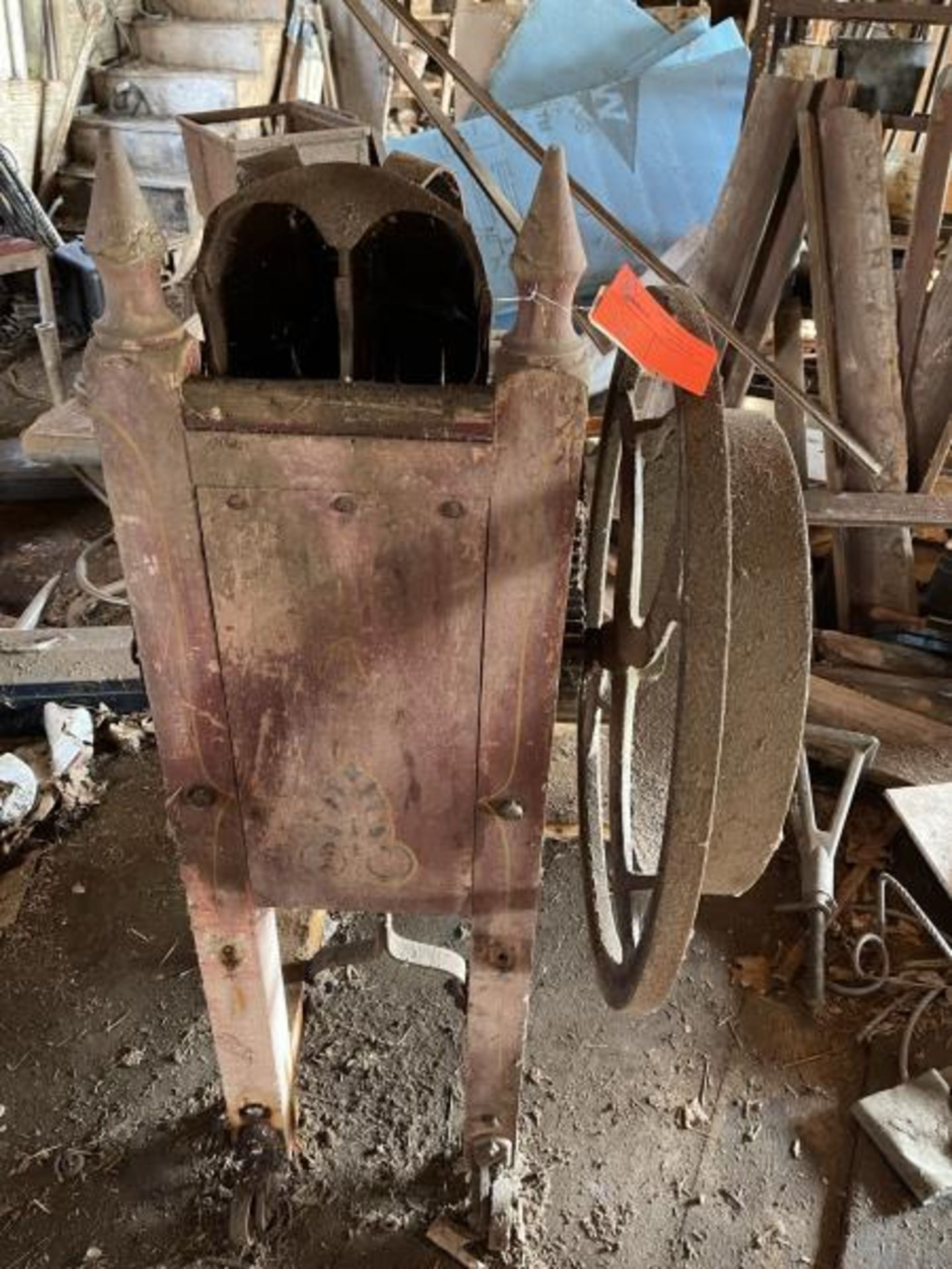 Corn Sheller Woodhouse No 9, 50"Tall x 5' Long with 28" Side Wheel, Same Old Red Paint - Image 7 of 7