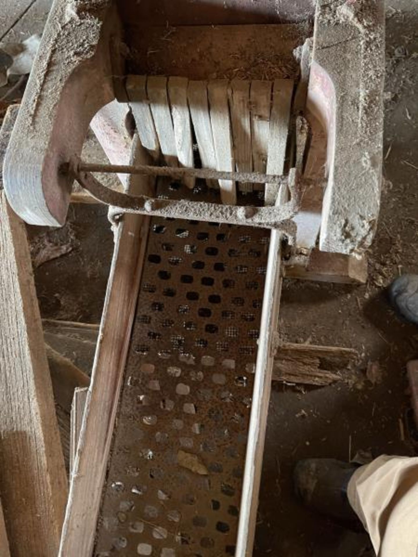 Corn Sheller Woodhouse No 9, 50"Tall x 5' Long with 28" Side Wheel, Same Old Red Paint - Image 6 of 7