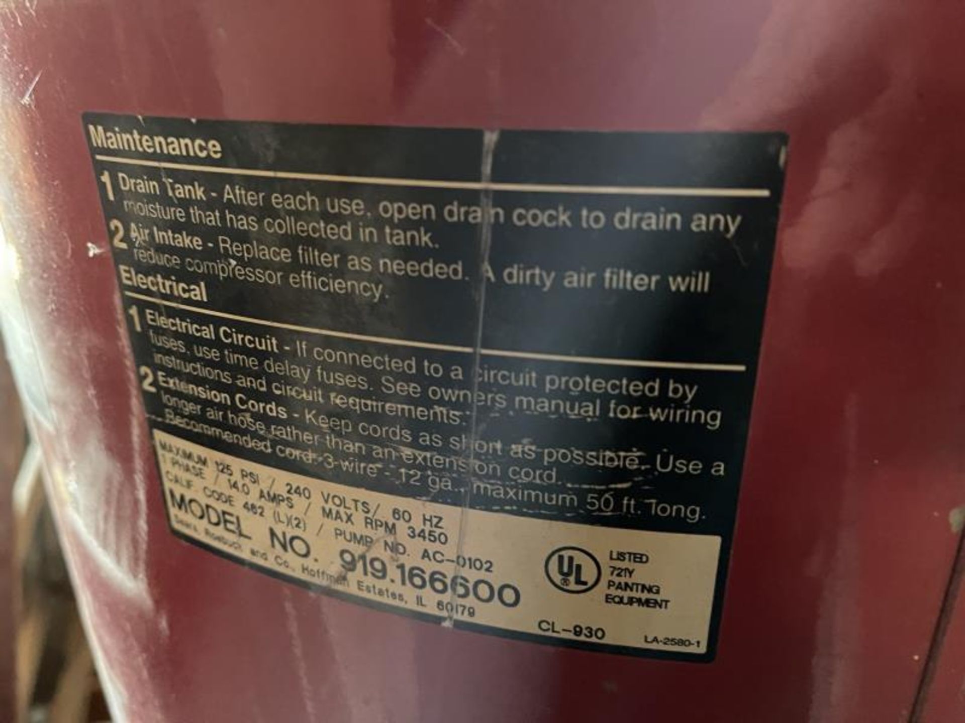 Air Compressor, Sears Craftsman; 60 Gallon, 125 PSI, 240 Volt, Single Phase - Image 3 of 4