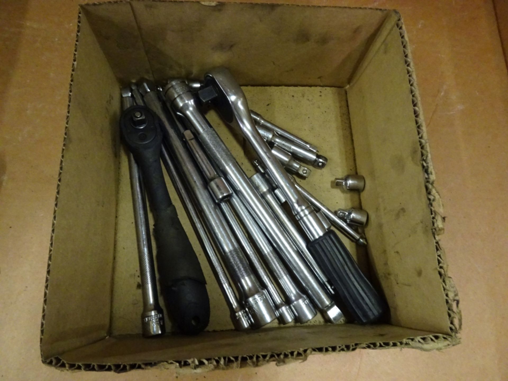 Lot Box of Various Sized Ratchets and Extensions