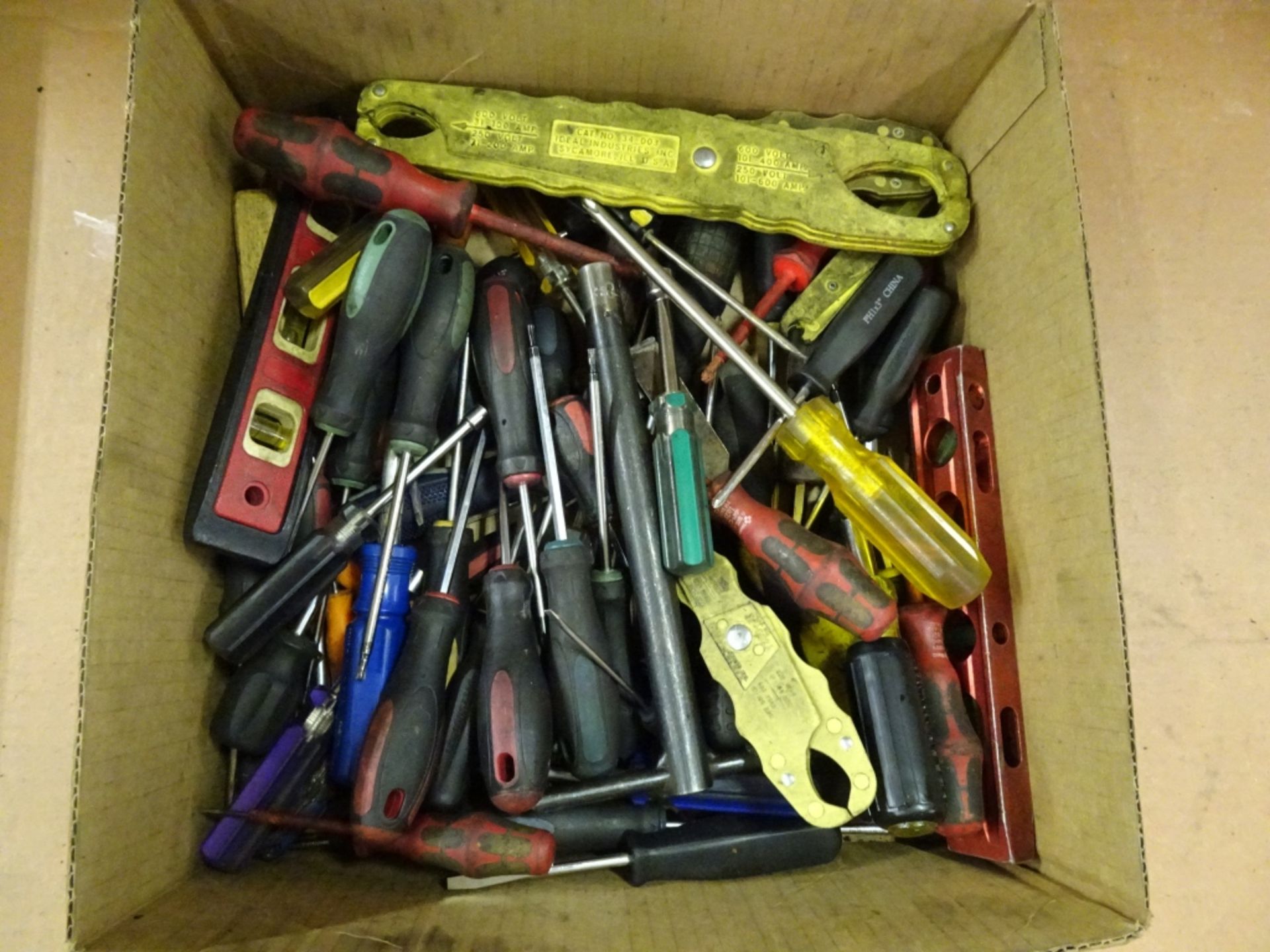Box Lot Of Various Screw Drivers, Nut Drivers, Fuse Pullers, Levels and Picks