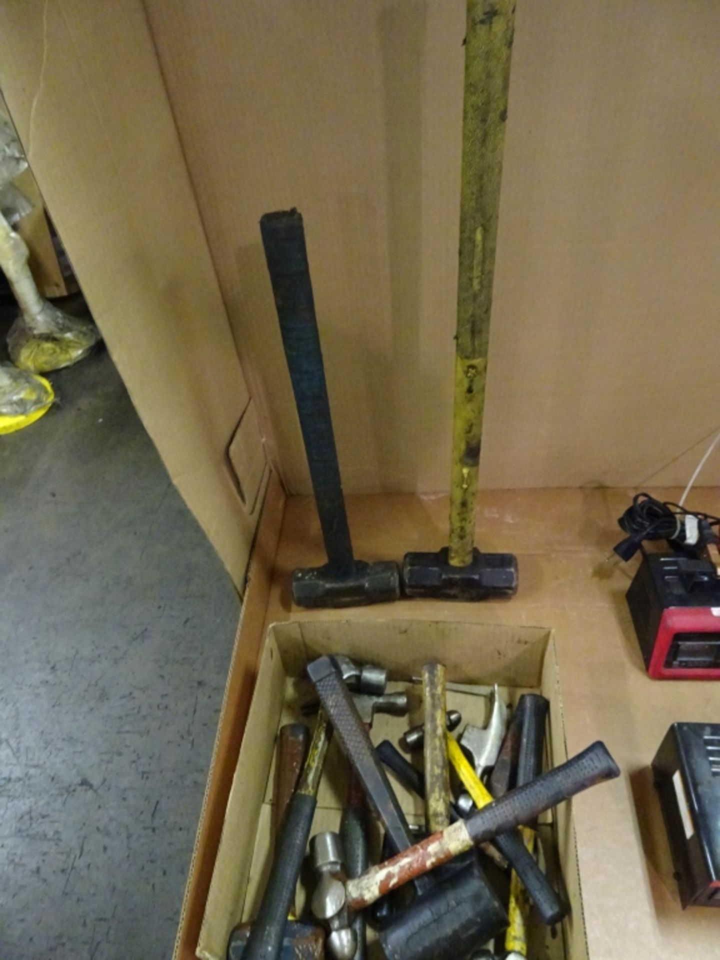 Lot Box of Various Hammers Including Ball Peen Hammer, Claw Hammer, Sledge Hammers, Deadblow