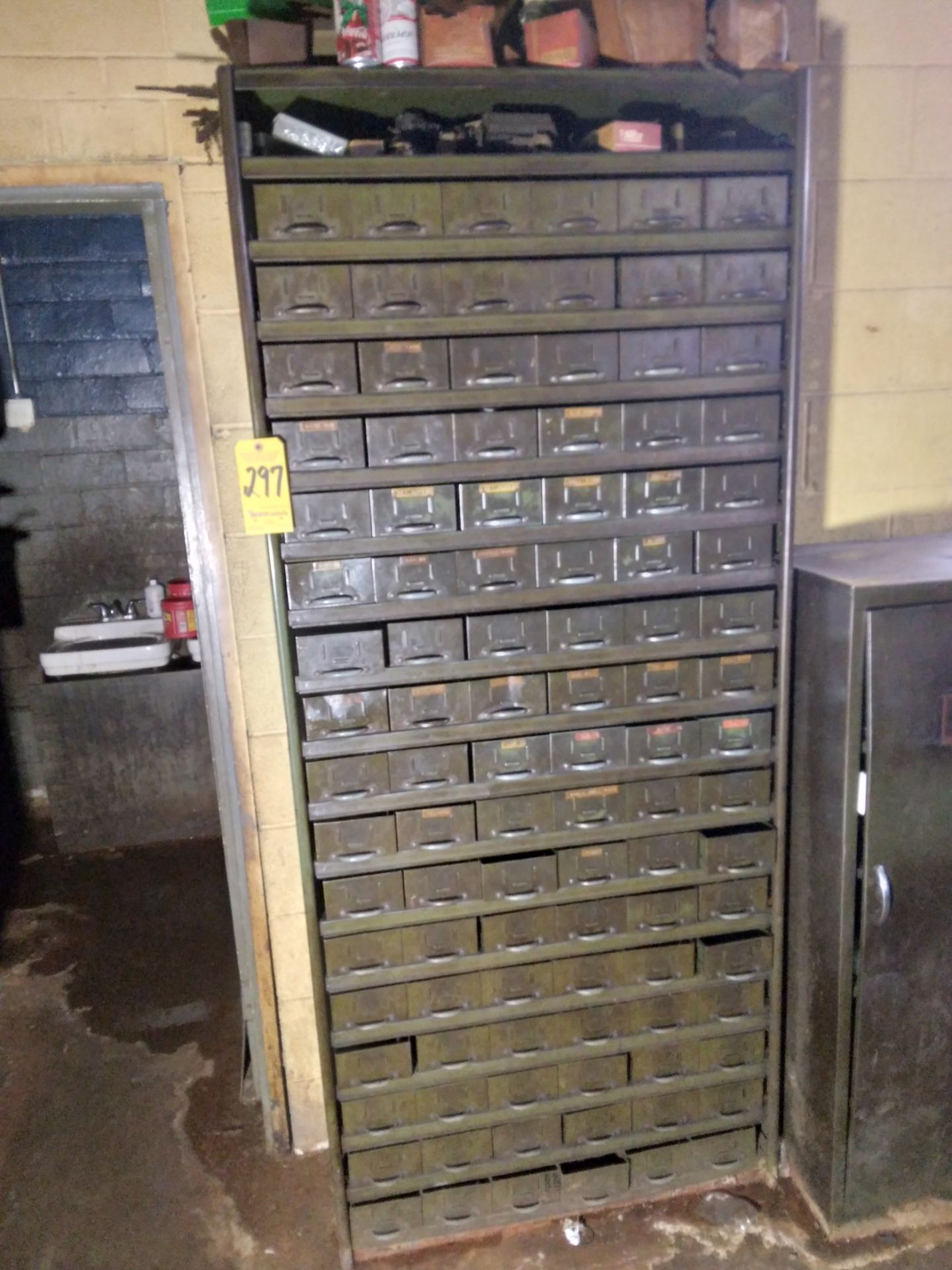 Large Metal Pigeon Hole Storage Cabinet with Contents of Hardware