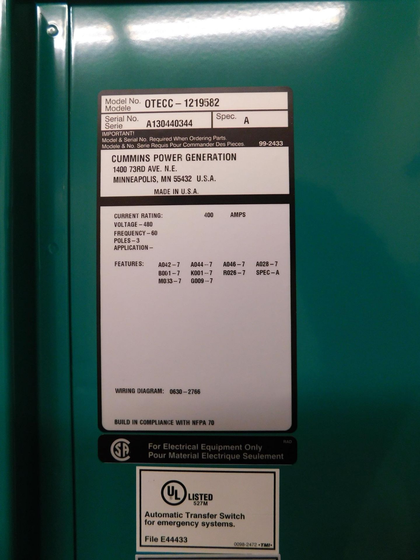 Cummins Transfer Switch, Model OTECC-1219582, Single or Three Phase, AC Amps Cont. 400 - Image 5 of 5