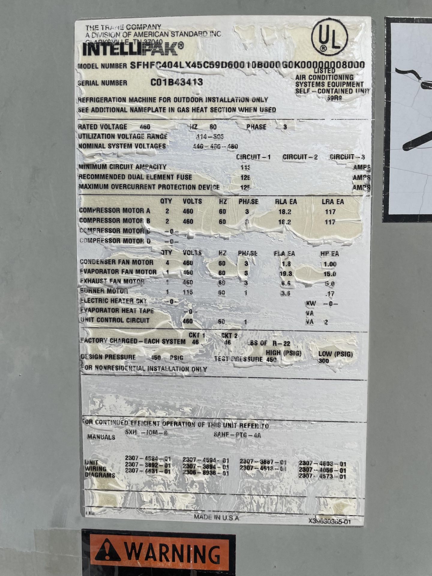 Trane Intellipak Air Conditioning/Heating System, Model #SFHFC404LX45C59D60010B000G0K0000000800 - Image 2 of 2