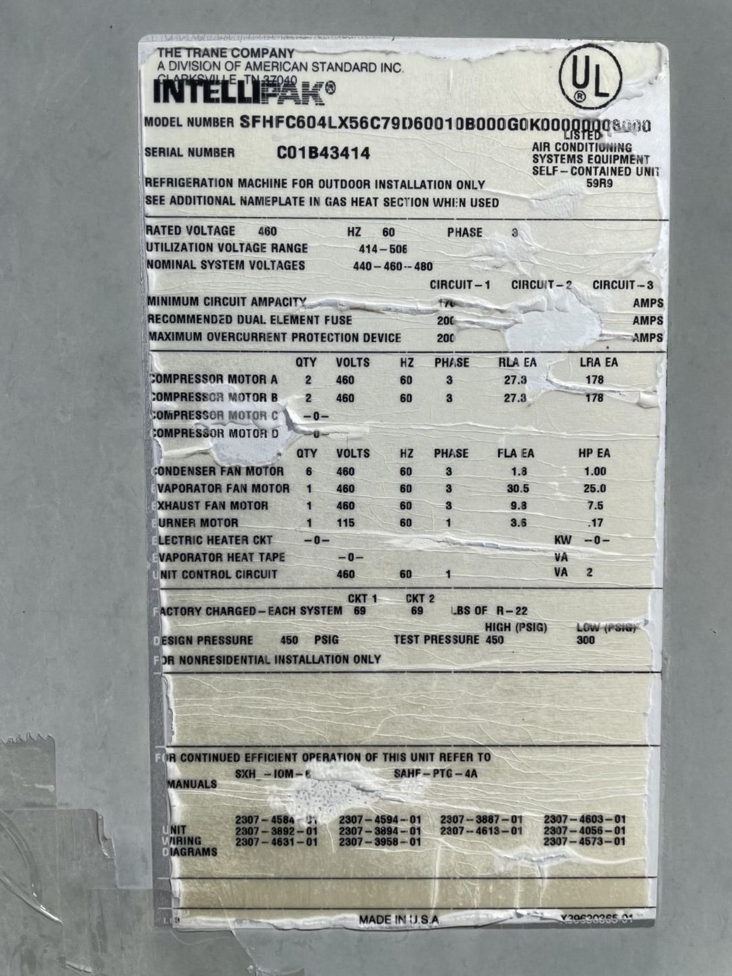 Trane Intellipak Air Conditioning/Heating System, Model #SFHFC604LX56C79D60010B000G0K0000000800 - Image 2 of 2