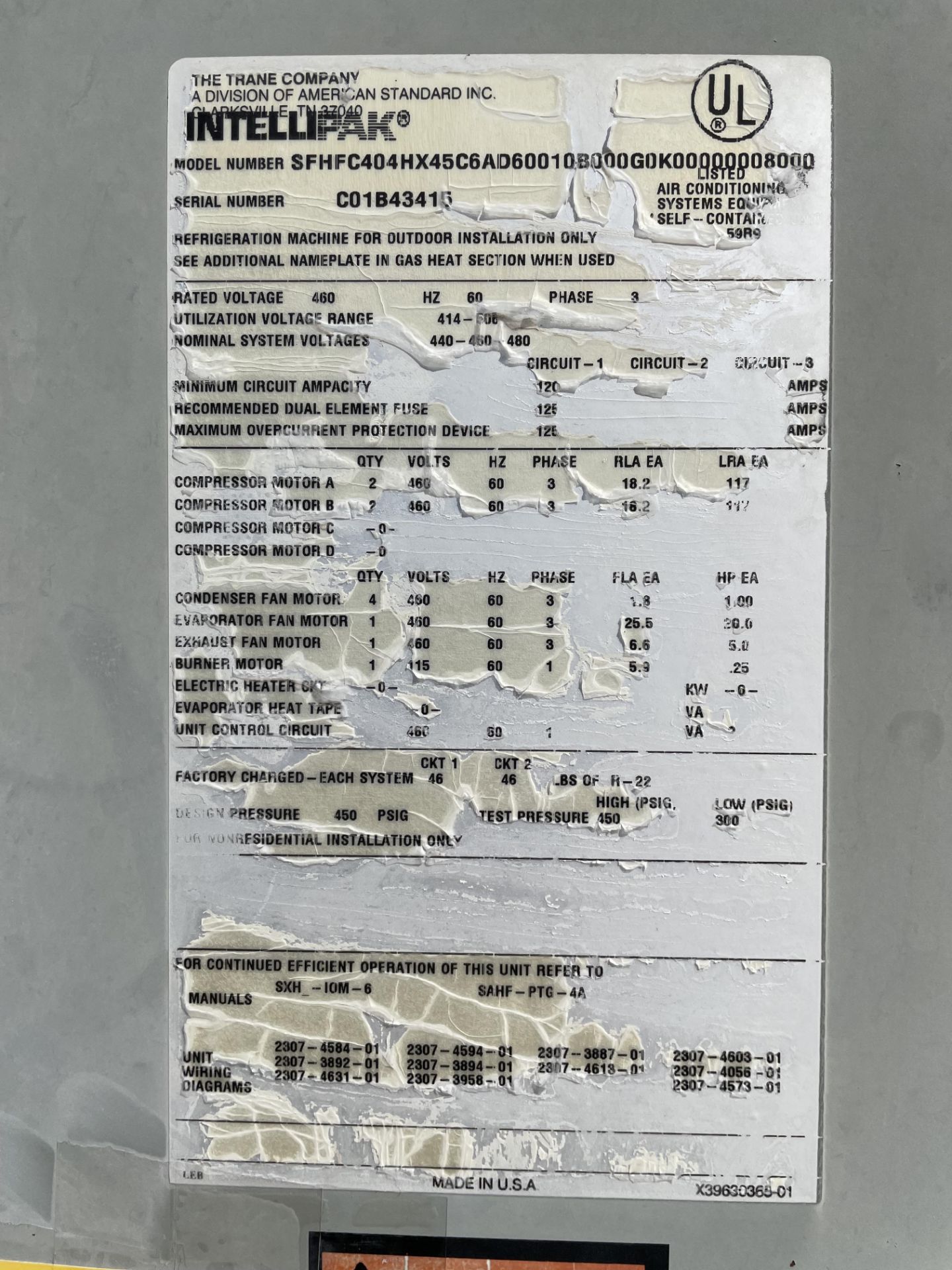 Trane Intellipak Air Conditioning/Heating System, Model #SFHFC404HX45C6AD60010B000G0K0000000800 - Image 2 of 2