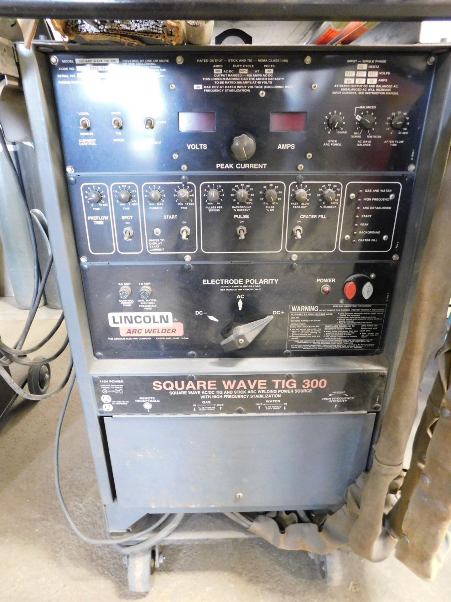 Lincoln Square Wave Tig 300 Tig Welder, SN AC665032, with Bernard Chiller, Foot Pedal Control, Tig