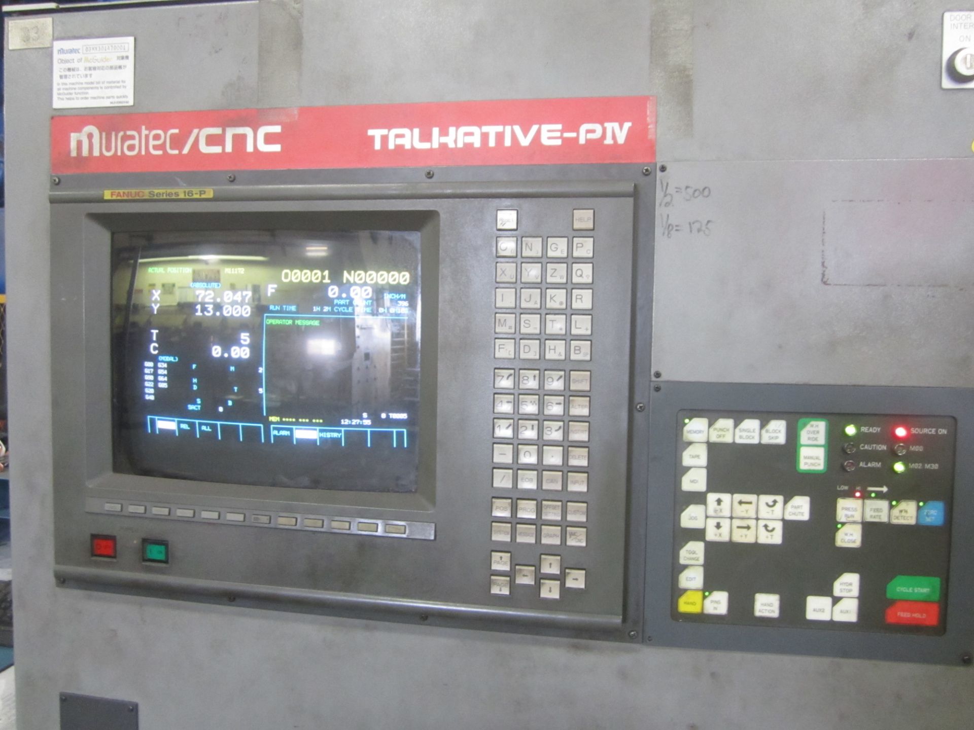 Muratec Model M5000 CNC Turret Punch, s/n 690, Fanuc 16P CNC Control, 45 Ton, 72” X 60” Sheet Size - Image 7 of 12