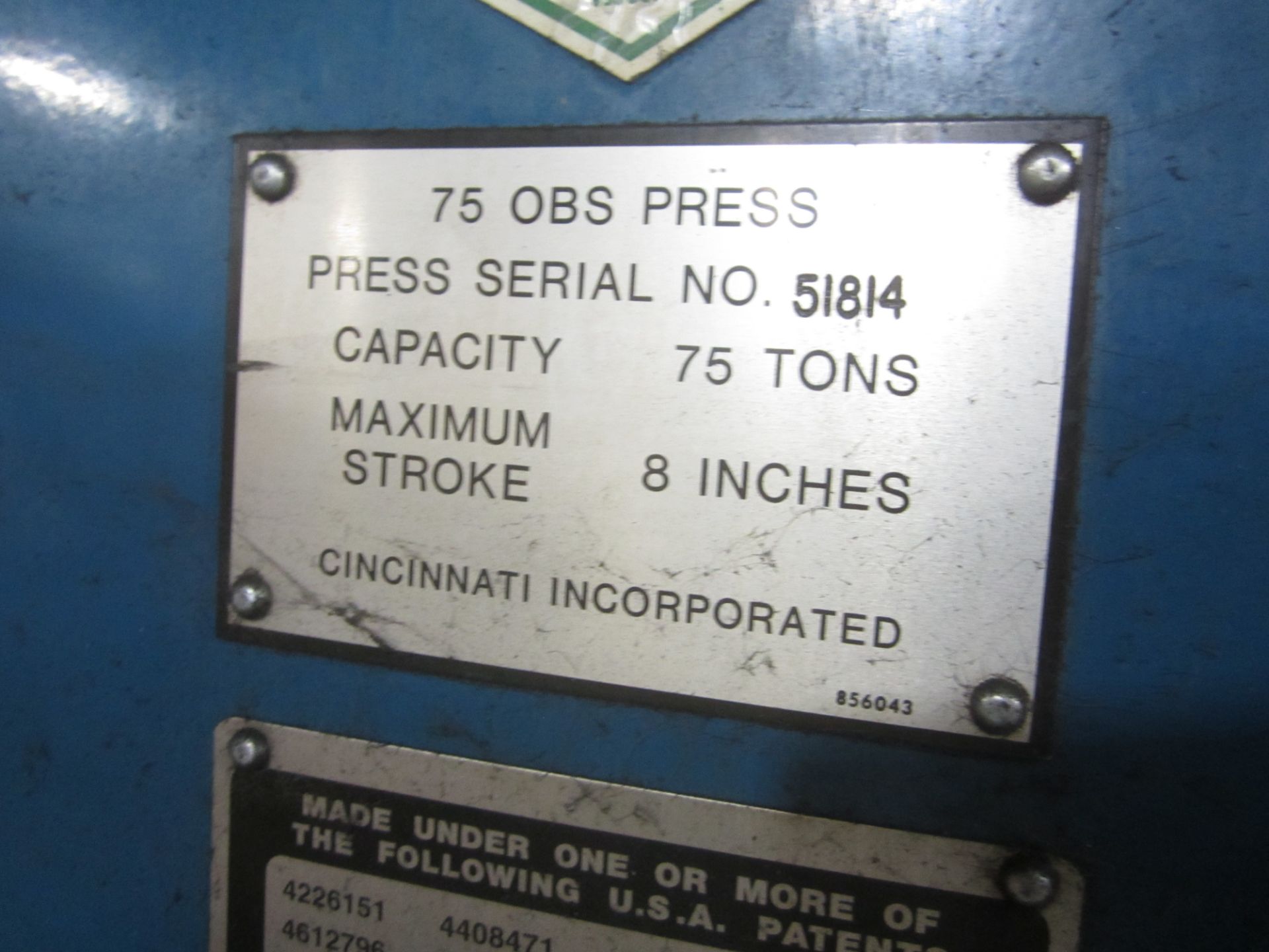 Cincinnati Model 75-OBS Hydraulic Punch Press, s/n 51814, 75 Ton, 8” Stroke Max., New 2000 - Image 9 of 9