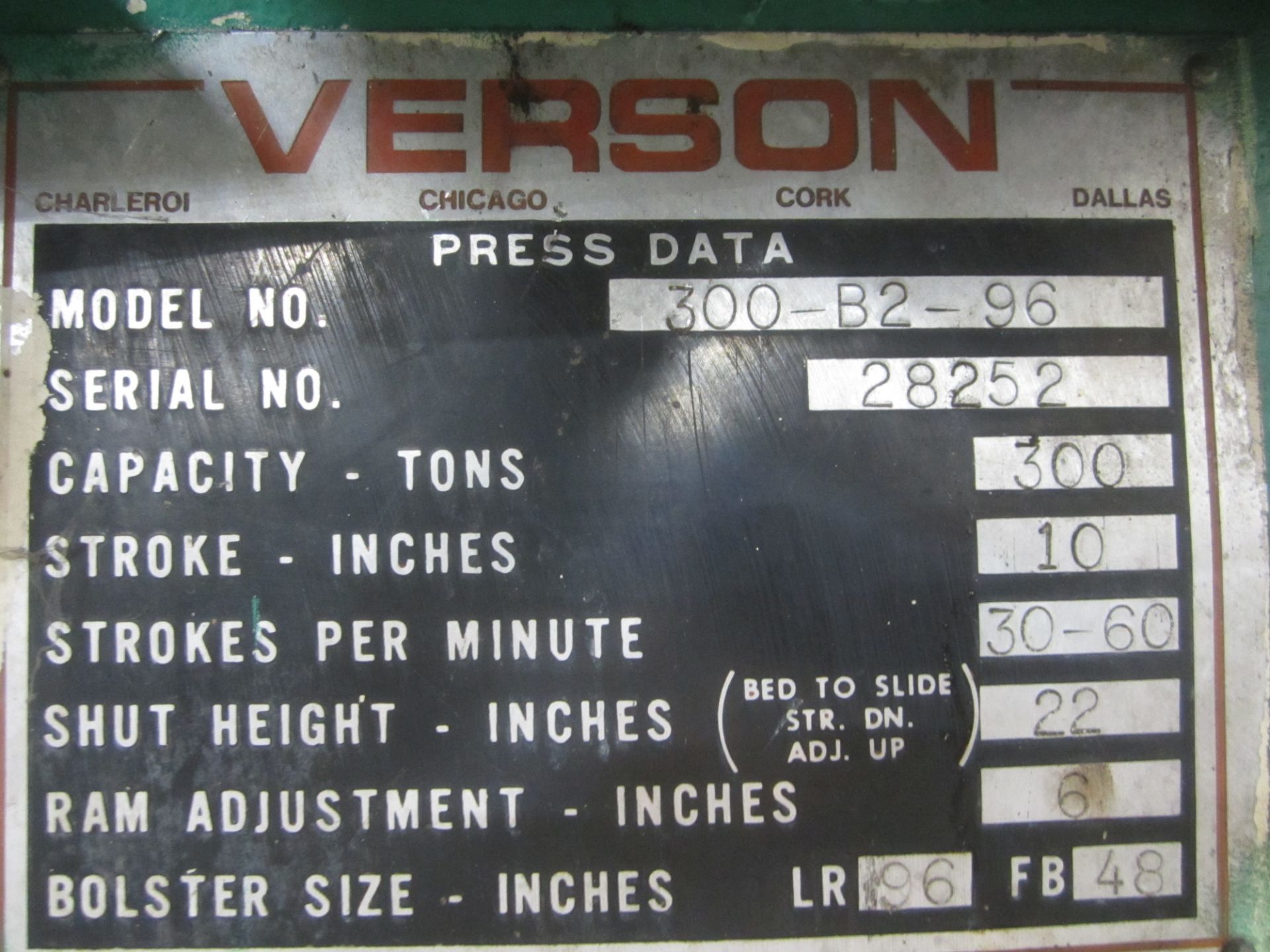Verson Model 300-B2-96 Straight Side Press, s/n 28252, 300 Ton, 10” Stroke, 22” Shut Height, 6” - Image 10 of 10