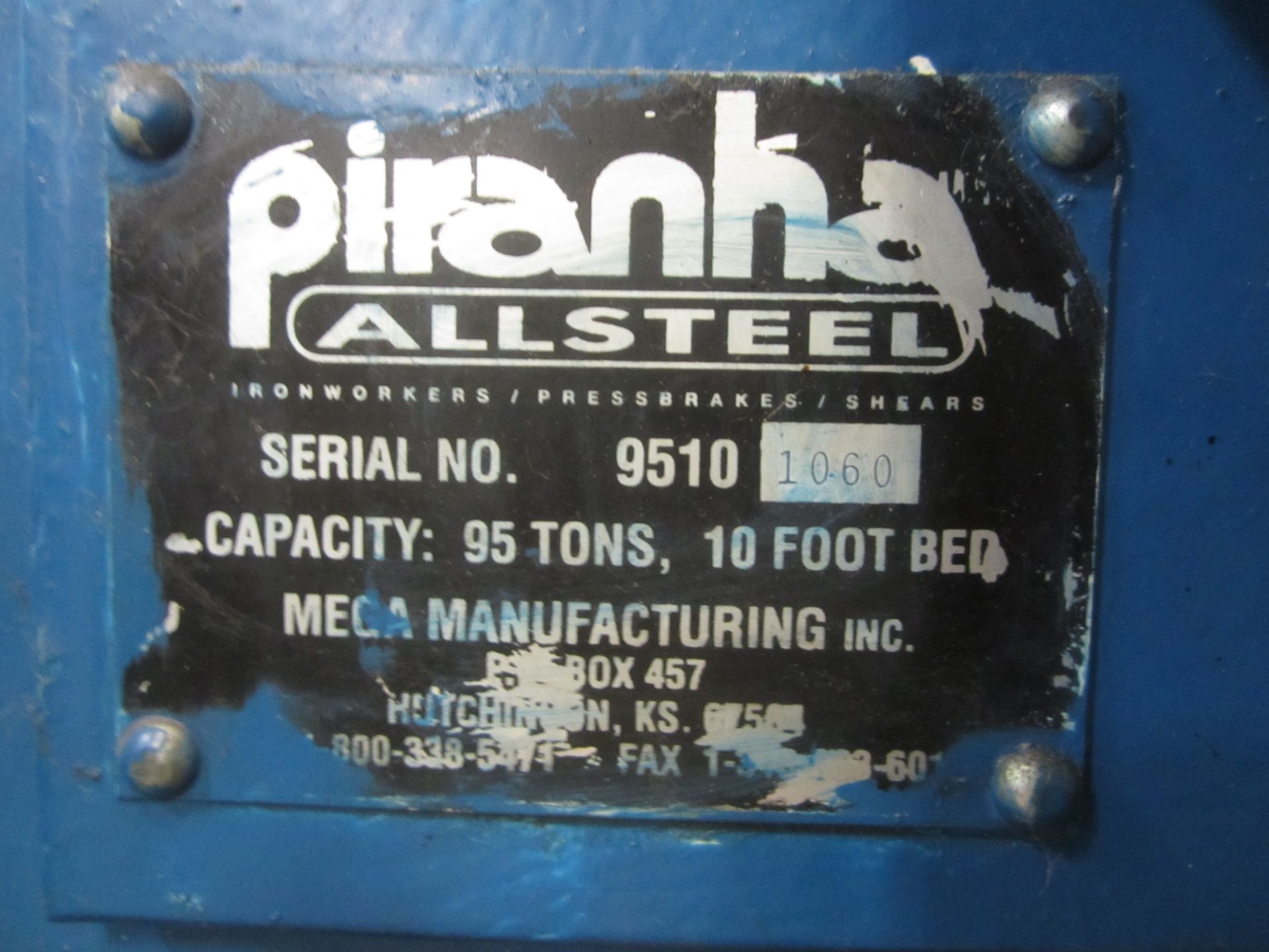 Piranha/AllSteel Hydraulic Press Brake, Model 9510, s/n 9510-1060, 95 Ton, 10’ Overall, 8’6” Between - Image 7 of 7