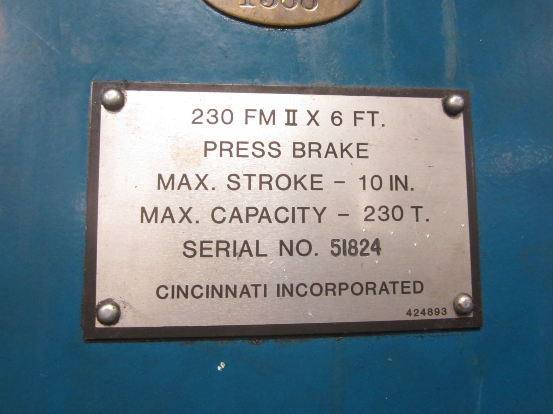 Cincinnati Model 230FM II X 6 Hydraulic Press Brake, s/n 51824, Cincinnati Form Master II, New 2000 - Image 9 of 9