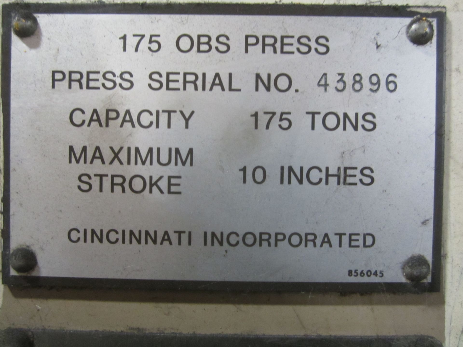 Cincinnati Model 175-OBS Hydraulic Punch Press, s/n 43896, 175 Ton, 10” Stroke, 12” Shut Height, 50” - Image 9 of 9
