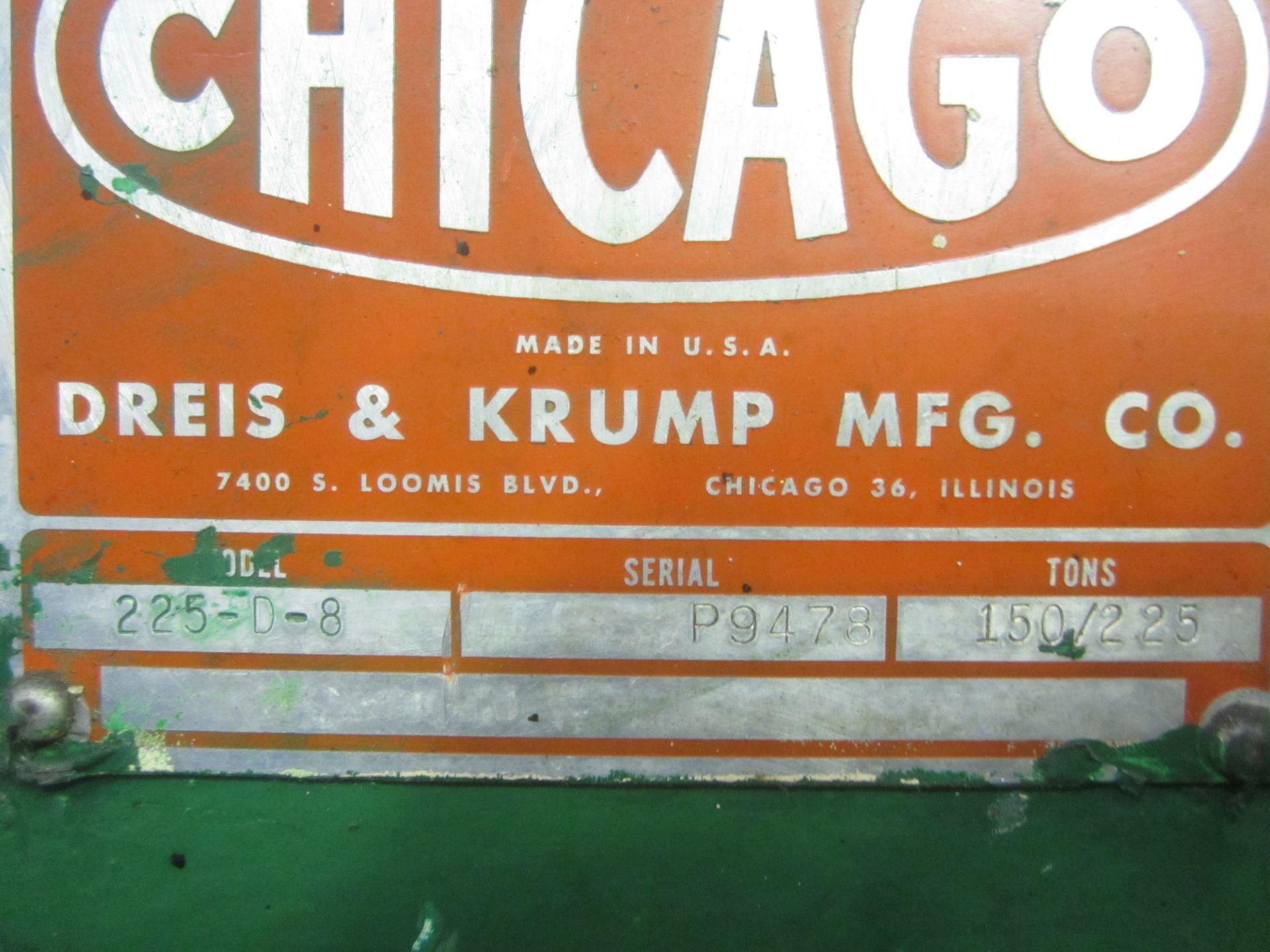 Chicago Dreis & Krump Model 225-D-8 Mechanical Press Brake, s/n P-9478, 225 Ton, 10’6” Overall, 8’6” - Image 8 of 8