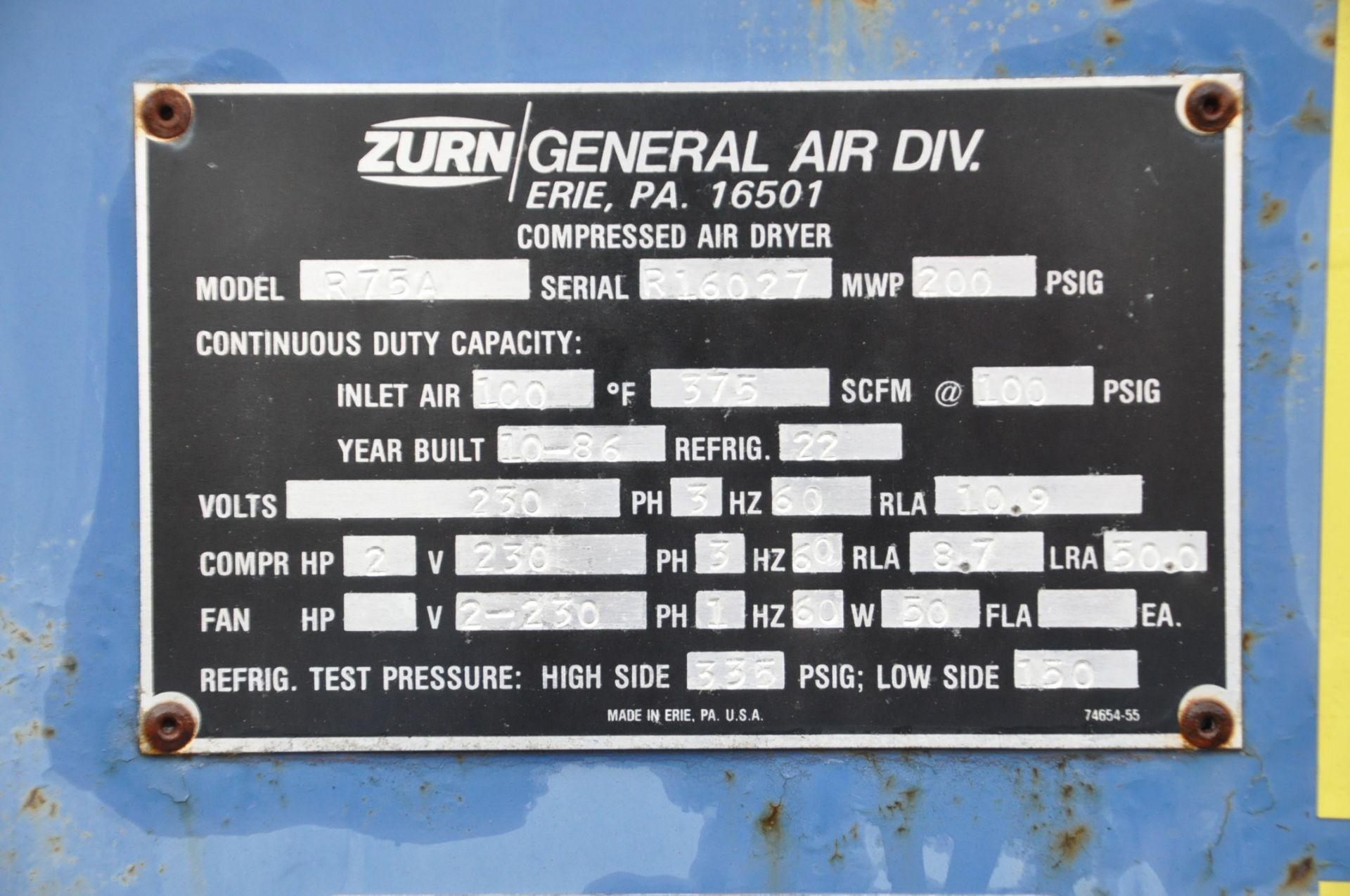 Zurn Model R75A, Compressed Air Dryer, S/n R16027 (1986), (Outside in Yard), Loading Fee $100.00 - Image 3 of 3