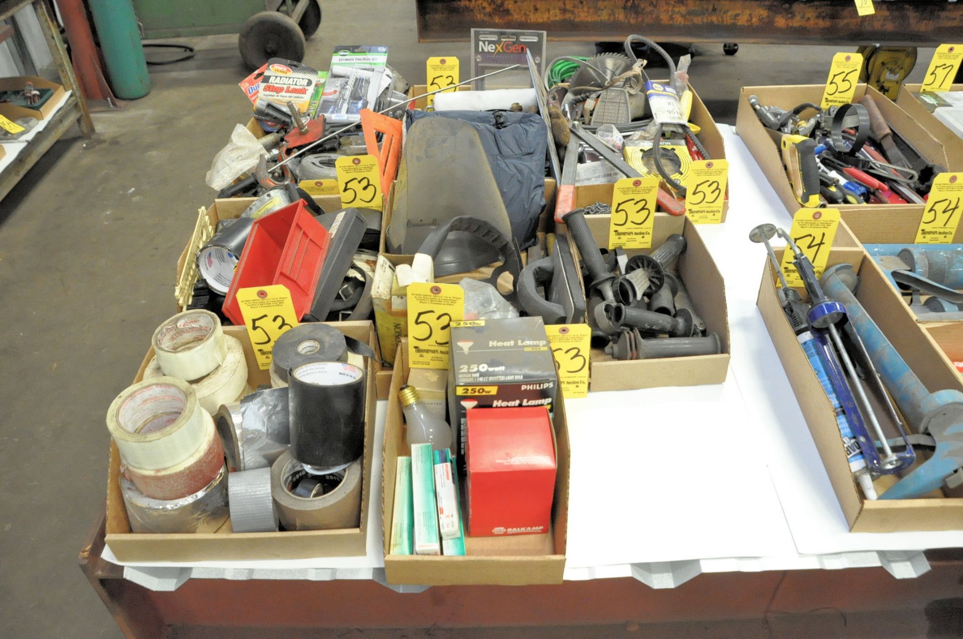 Lot-Tapes, Grinder Handles, Light Bulbs, Saw Blades, Hardware, Chain, etc. in (8) Boxes