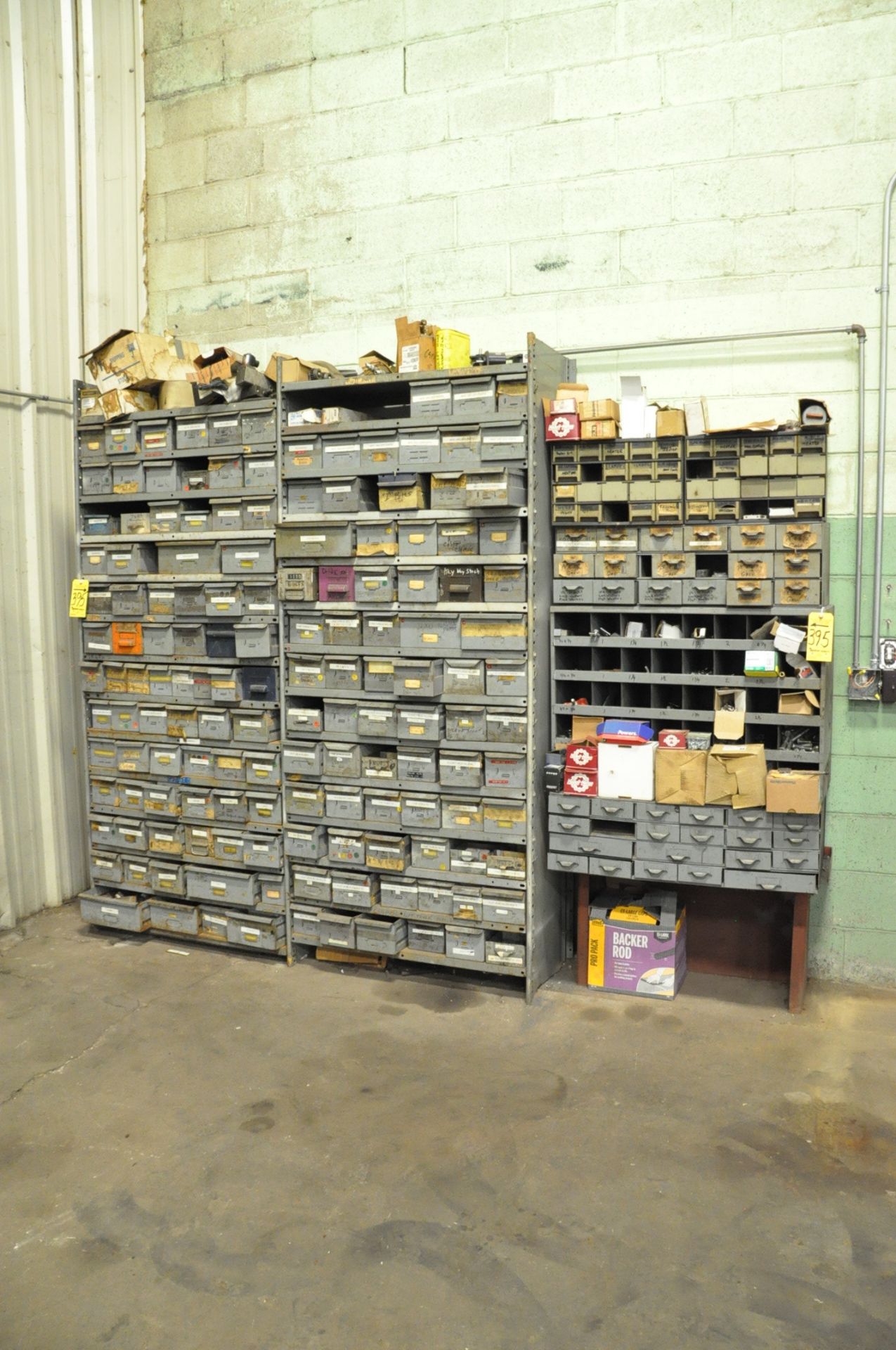 Lot-General Maintenance Hardware with (3) Sections Bin Racks, (1) Light Duty Shelving Unit and (1)