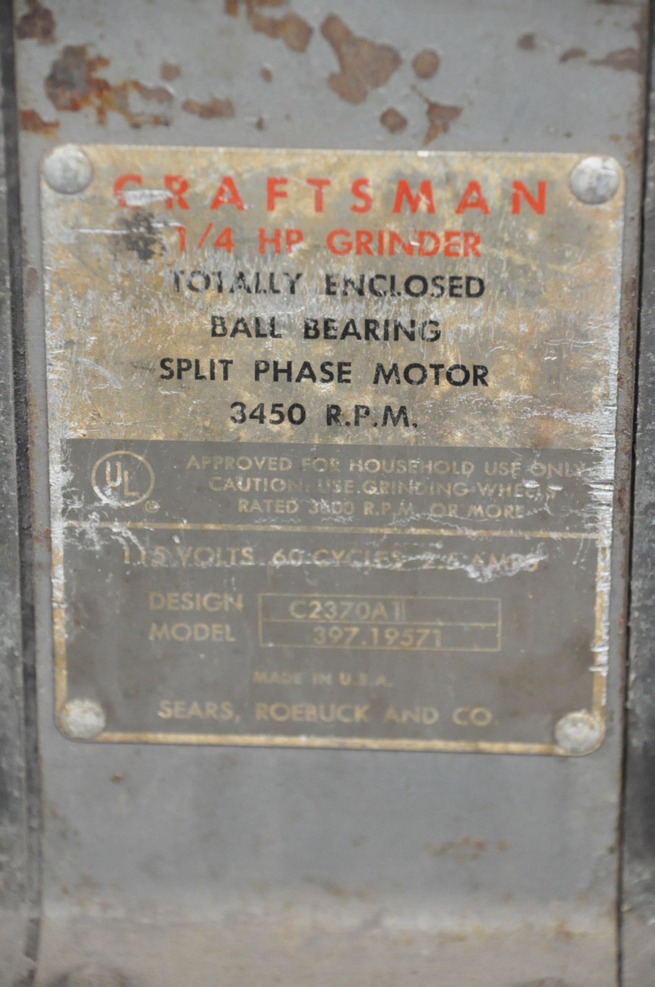 Craftsman 397.19571, 6" x 1/4-HP Double End Pedestal Type Grinder, S/n N/a, 3450-RPM, 1-PH - Image 2 of 2