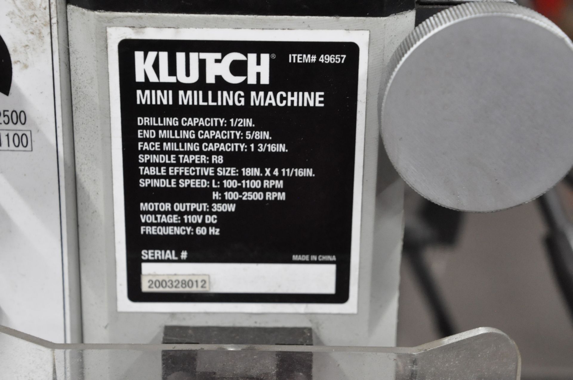 Klutch Item 49657, Mini Bench Top Milling Machine, S/n 200328012, Variable Speed, - Image 4 of 4