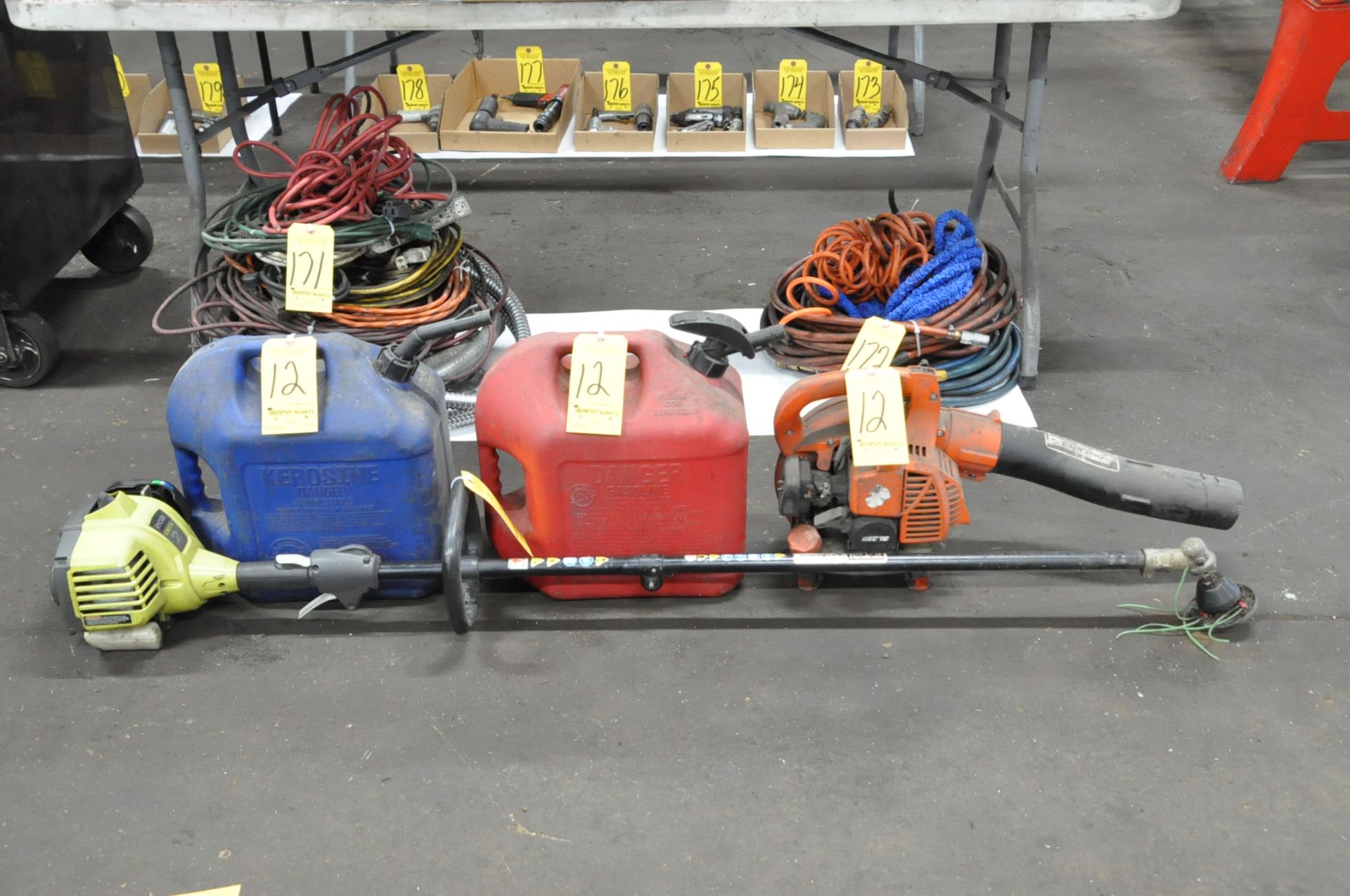 Lot-(1) Ryobi Full Crank 2-Cycle Gas Weed Whip, (1) Echo Gas Powered Blower, and (2) Fuel Cans