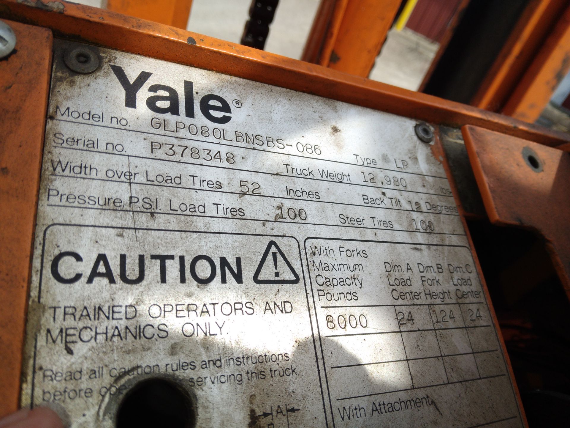 Yale Model GLP080LBNSBS-086 Fork Lift, s/n P378348, 8,000 Lb. Capacity, Rough Terrain Tires, 2-Stag - Image 4 of 4