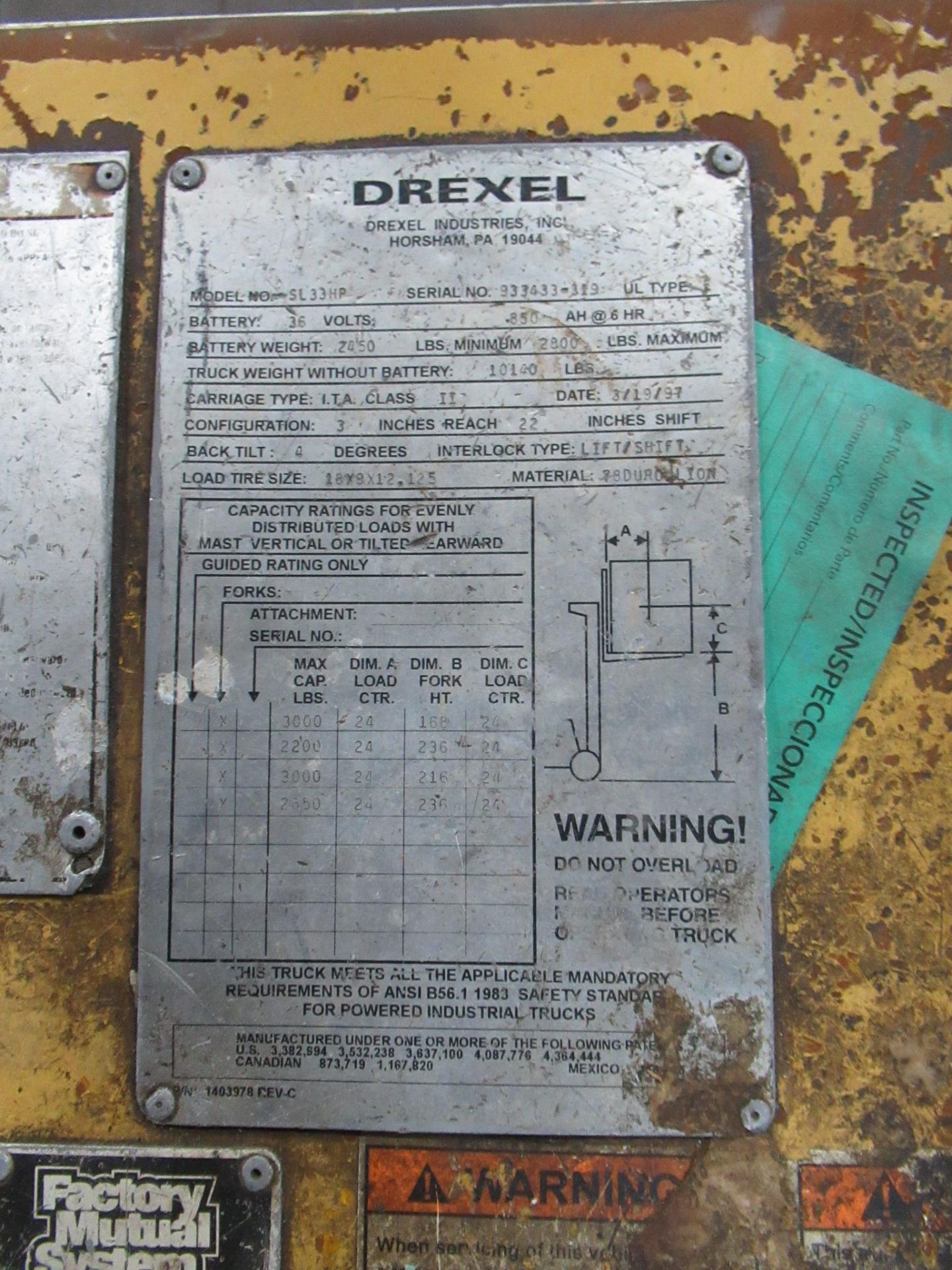 Drexel Model SL33HP Electric Fork Lift, s/n 933433-319, 3,000 Lb. Capacity, 36 V - Image 12 of 23