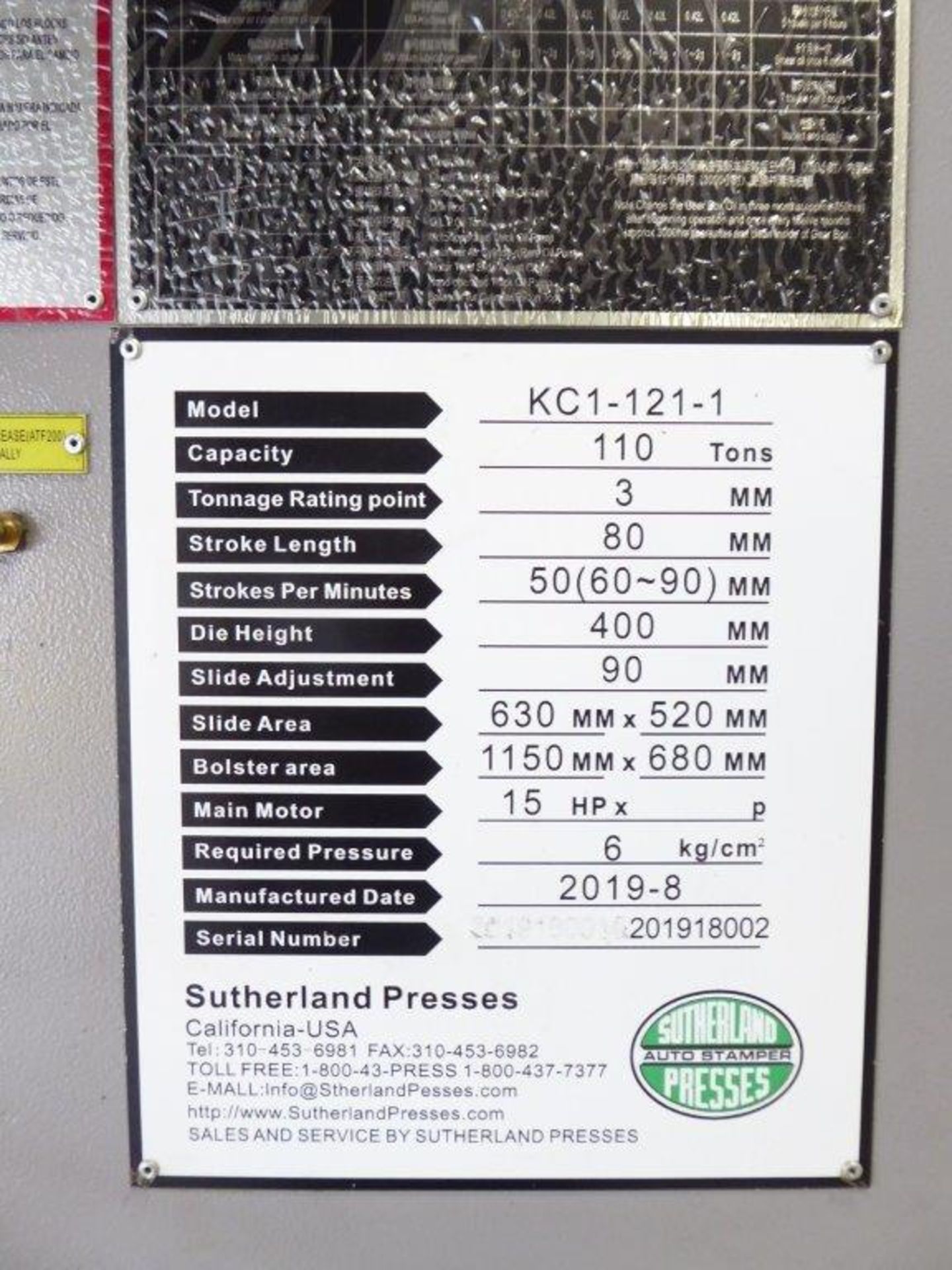 Sutherland Model KC1-121-1 Gap Frame Press, s/n 201908002, New 2019, Never Placed Into Production - Image 18 of 18