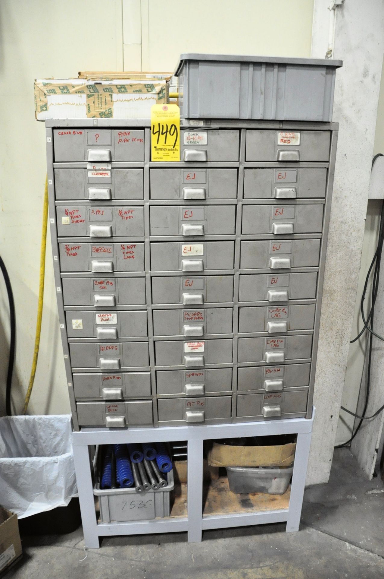 Lot-Die Pins, O-Rings, Brass Connectors, Springs, Bushings, etc. with 27-Bin Organizer Cabinet