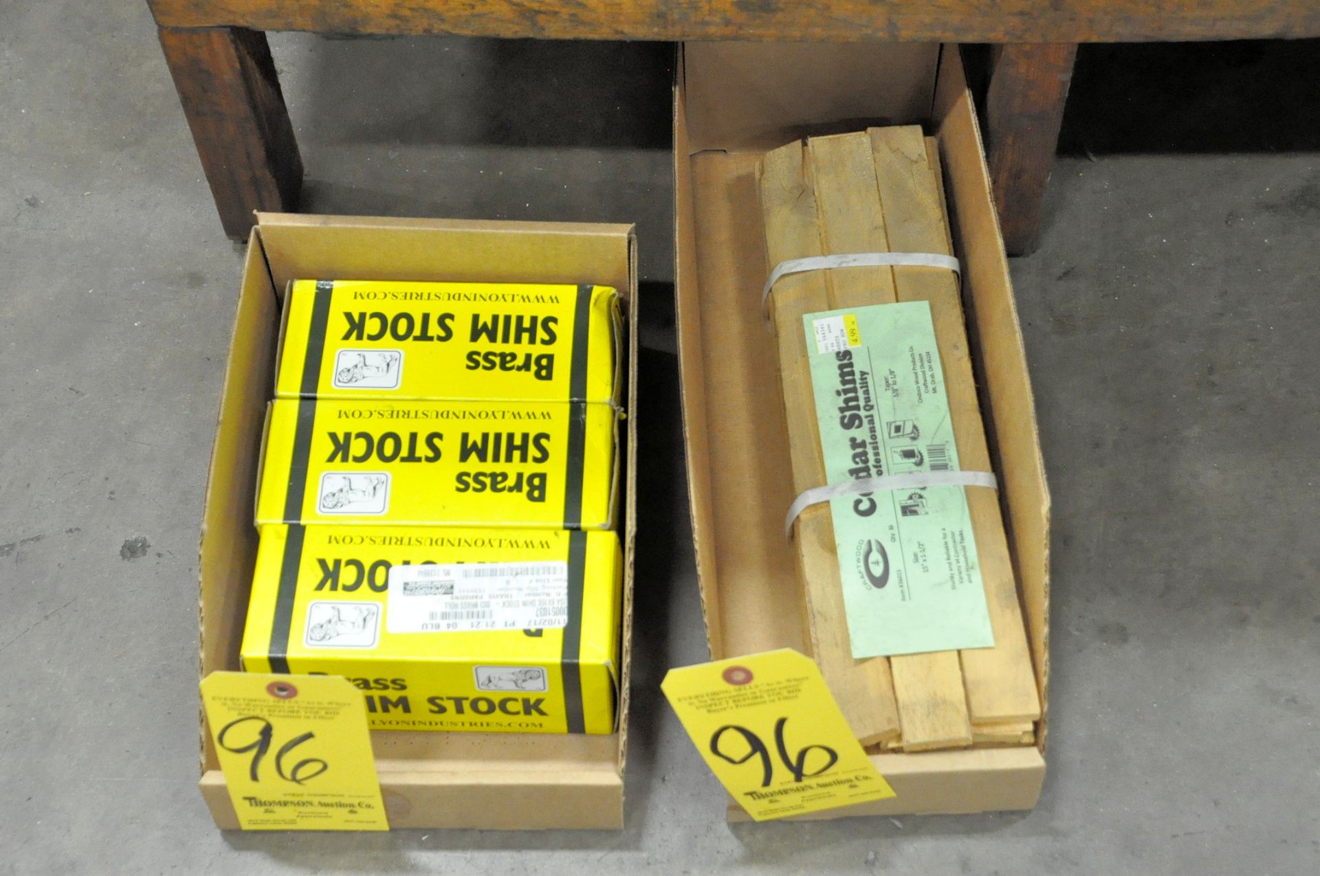 Lot-Brass Shim Stock and Wood Ship Stock in (2) Boxes Under (1) Bench