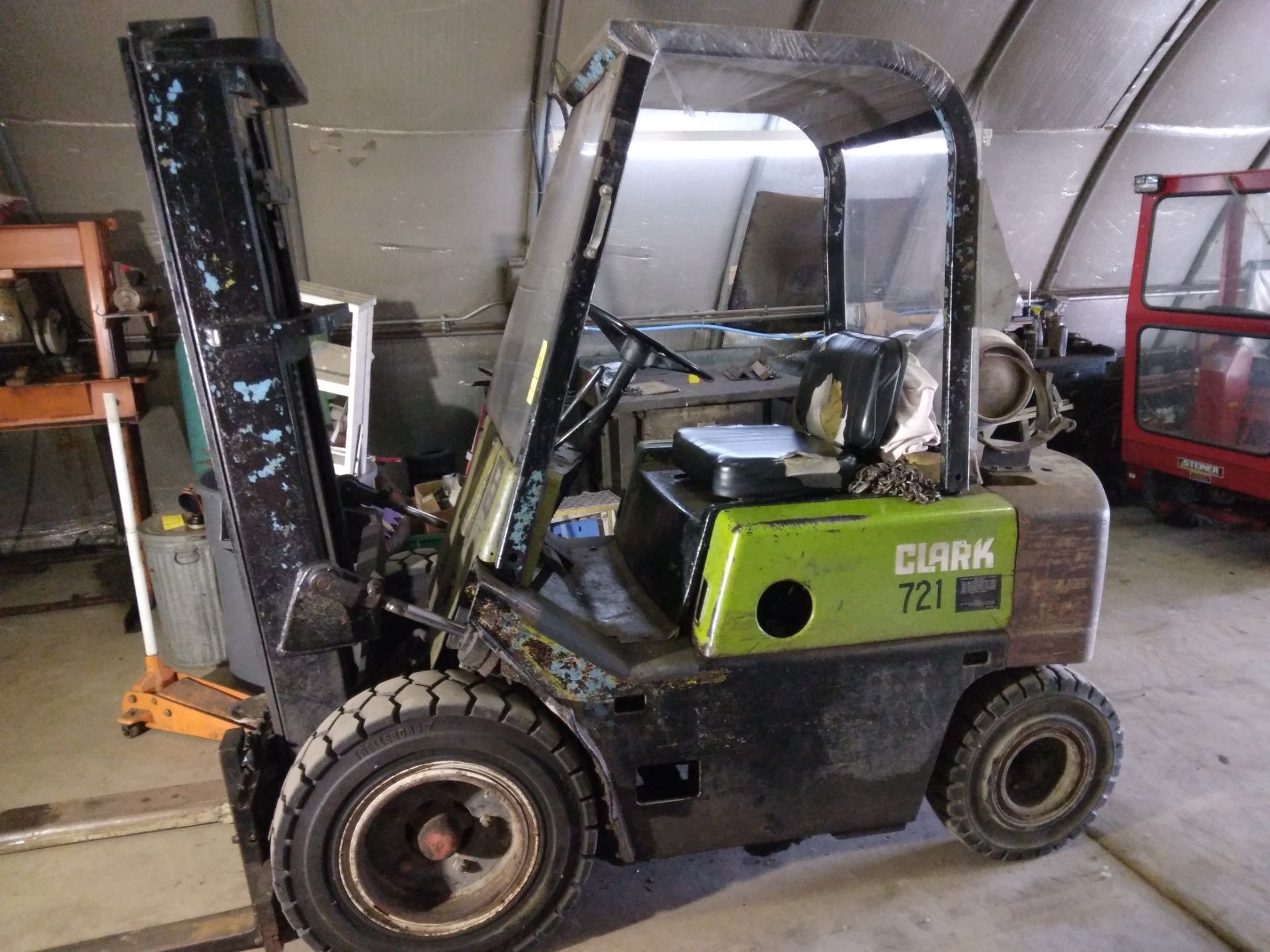 Clark Model C500 Fork Lift, s/n 7955-287-3525, 5,500 Lb. Capacity, LP, All Terrain Tire, Cage, 2-Sta