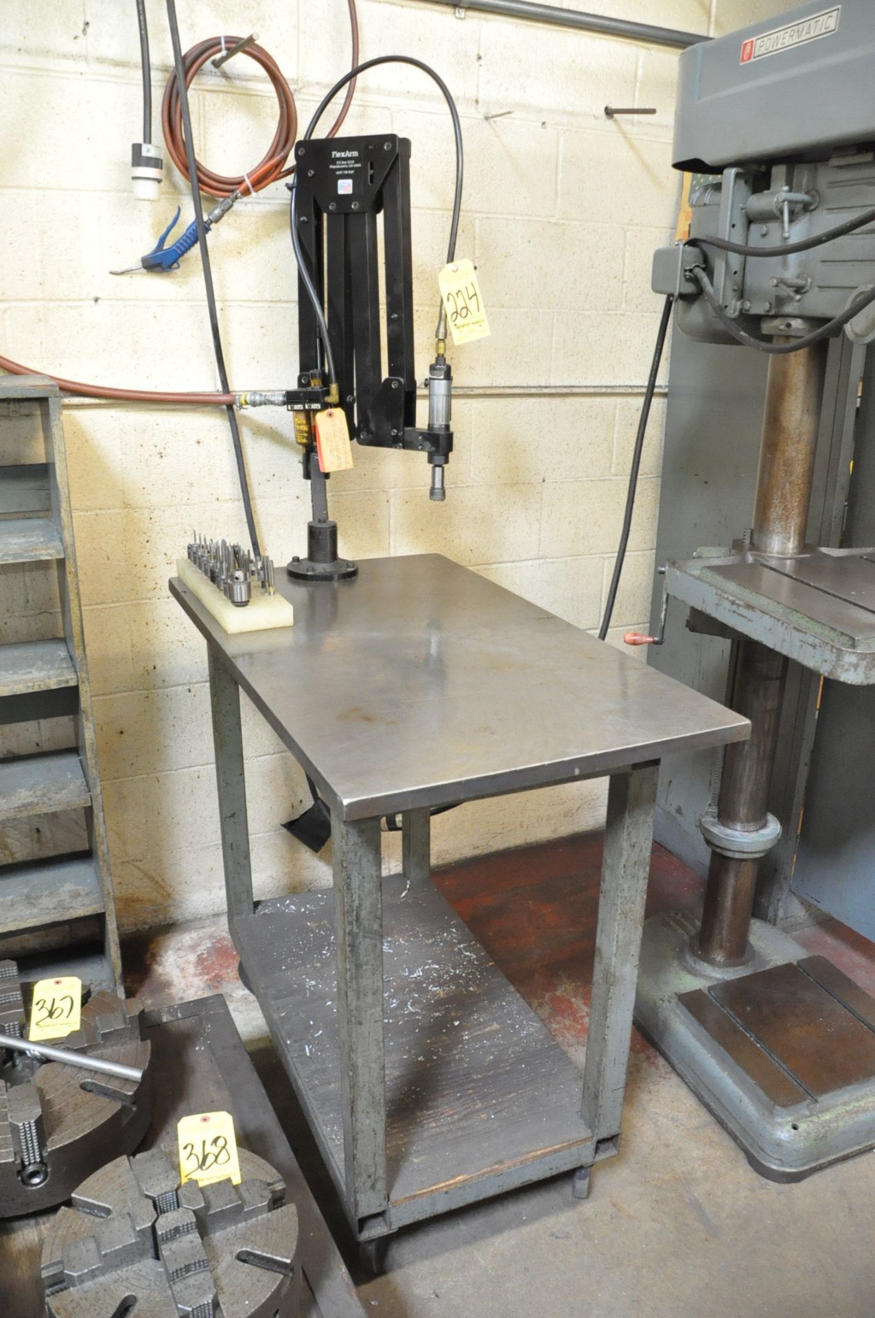FlexArm Articulating Arm Pneumatic Tapping Station, S/n N/a, Mounted on 22" x 38" x 1" Steel Top