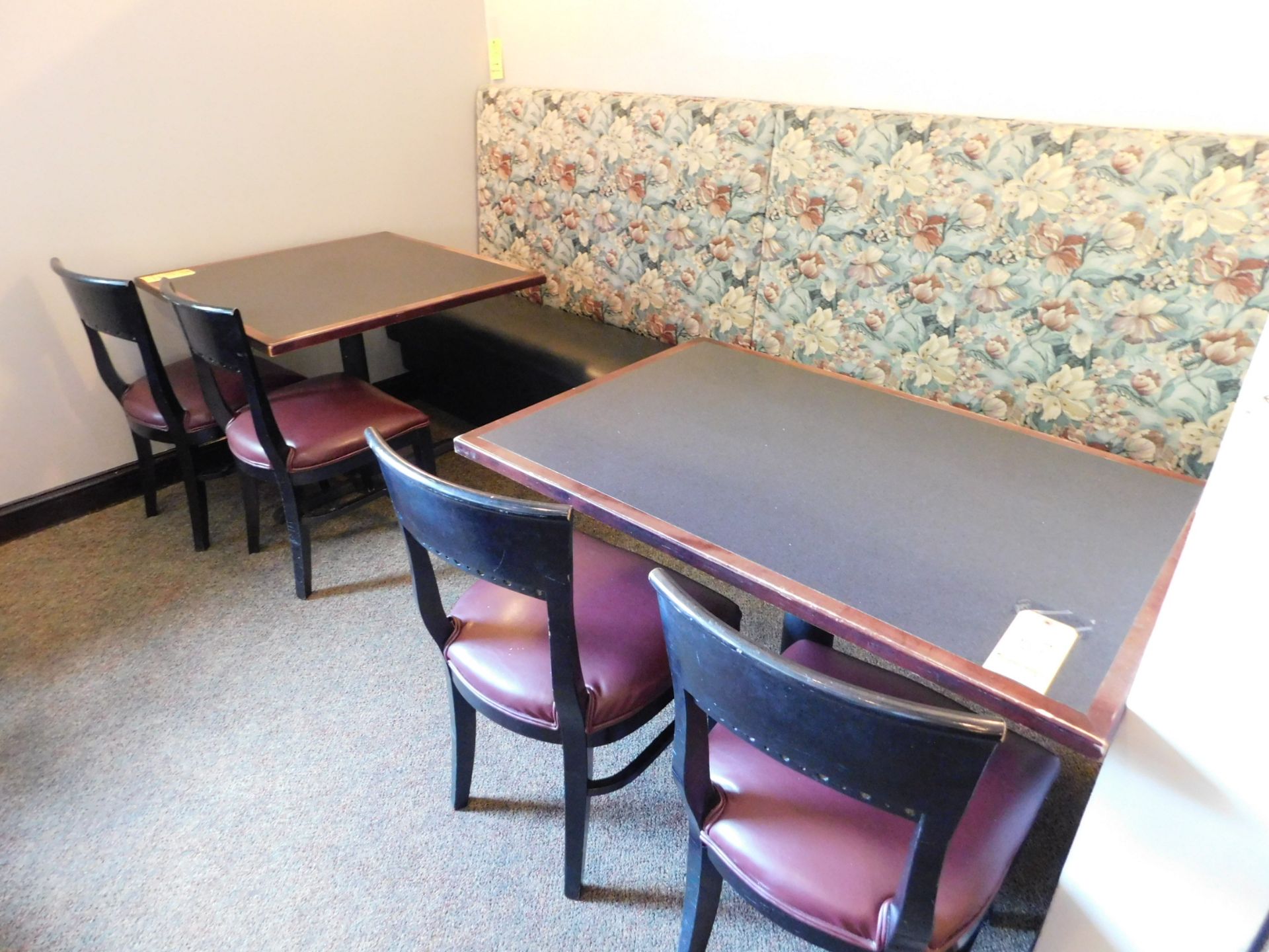 Bench Booth 9'6" L with 1 Wood Table 4' L x 30"W, 1 Wood Table 30"L x 30"W, with 4 Chairs