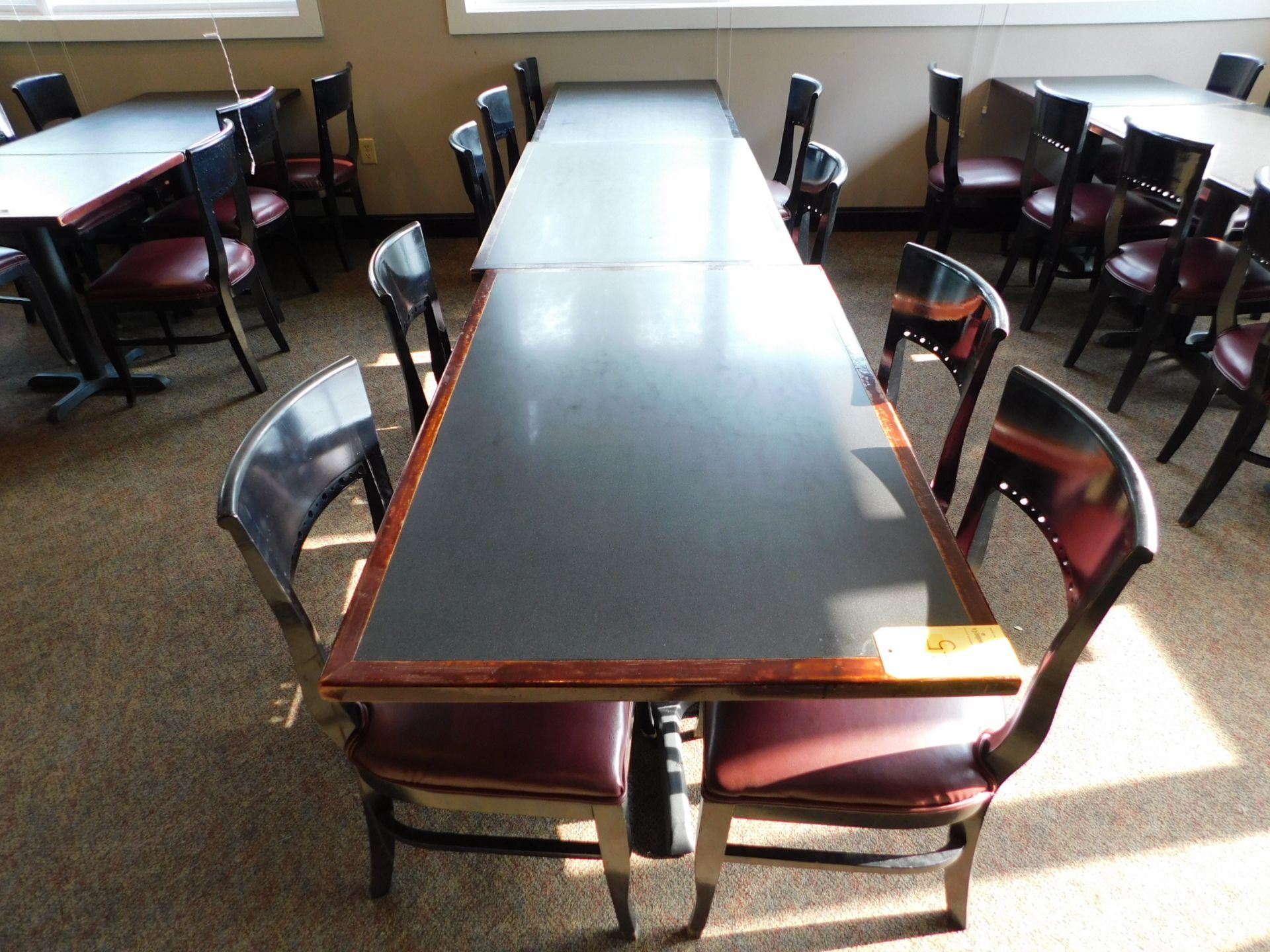 3 Wood Tables 4' L x 30"W, with 10 Chairs